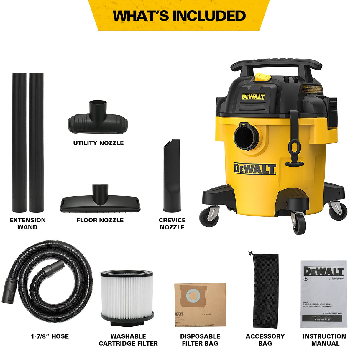 DEWALT DXV05P 5Gallon Poly Wet/Dry, 4 Peak HP Shop Vacuums, 5 Gallon, Yellow+Black DEWALT
