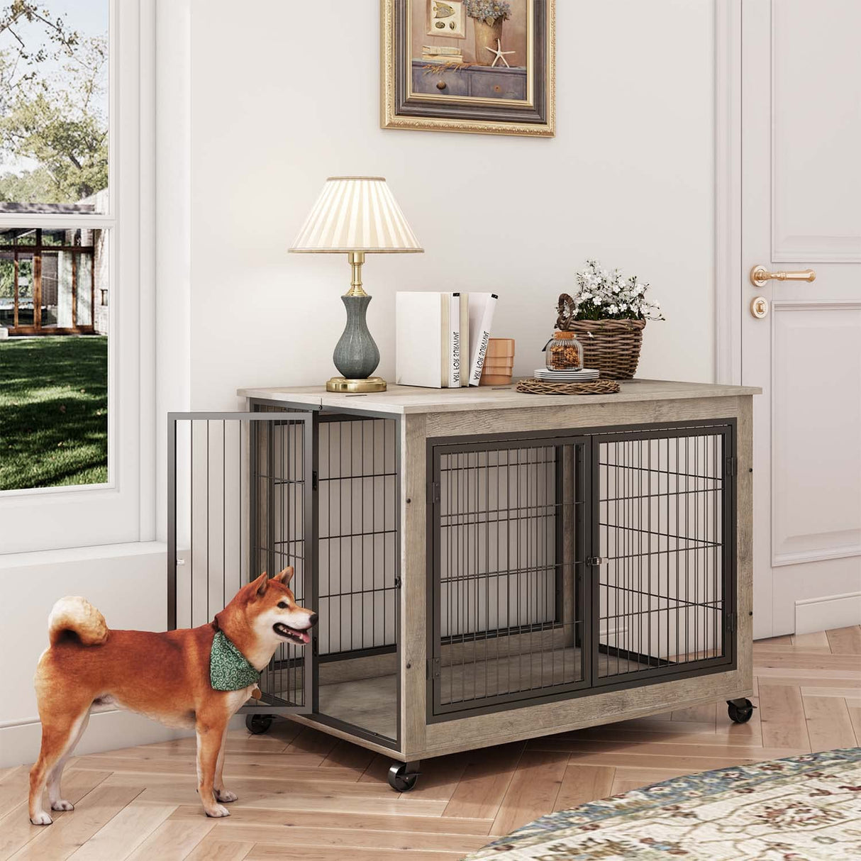 IchbinGo Dog Crate Furniture, Wooden Table, 38.5" Dog Kennel with 3 Doors, Flip-up Top Opening and Wheels, Decorative Pet Crate House for IchbinGo