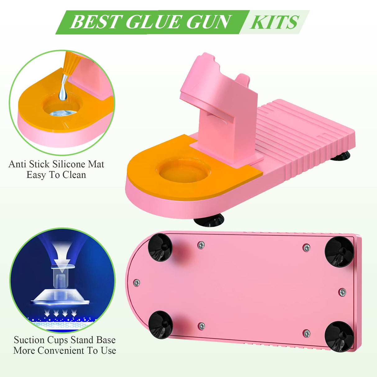 MONVICT Pink Hot Glue Gun Kit, Mini Glue Gun with Suction Cups Stand Anti Stick Silicone Mat, Hot Melt Glue Gun with Fine Tip & 30 Glue Sticks, MONVICT