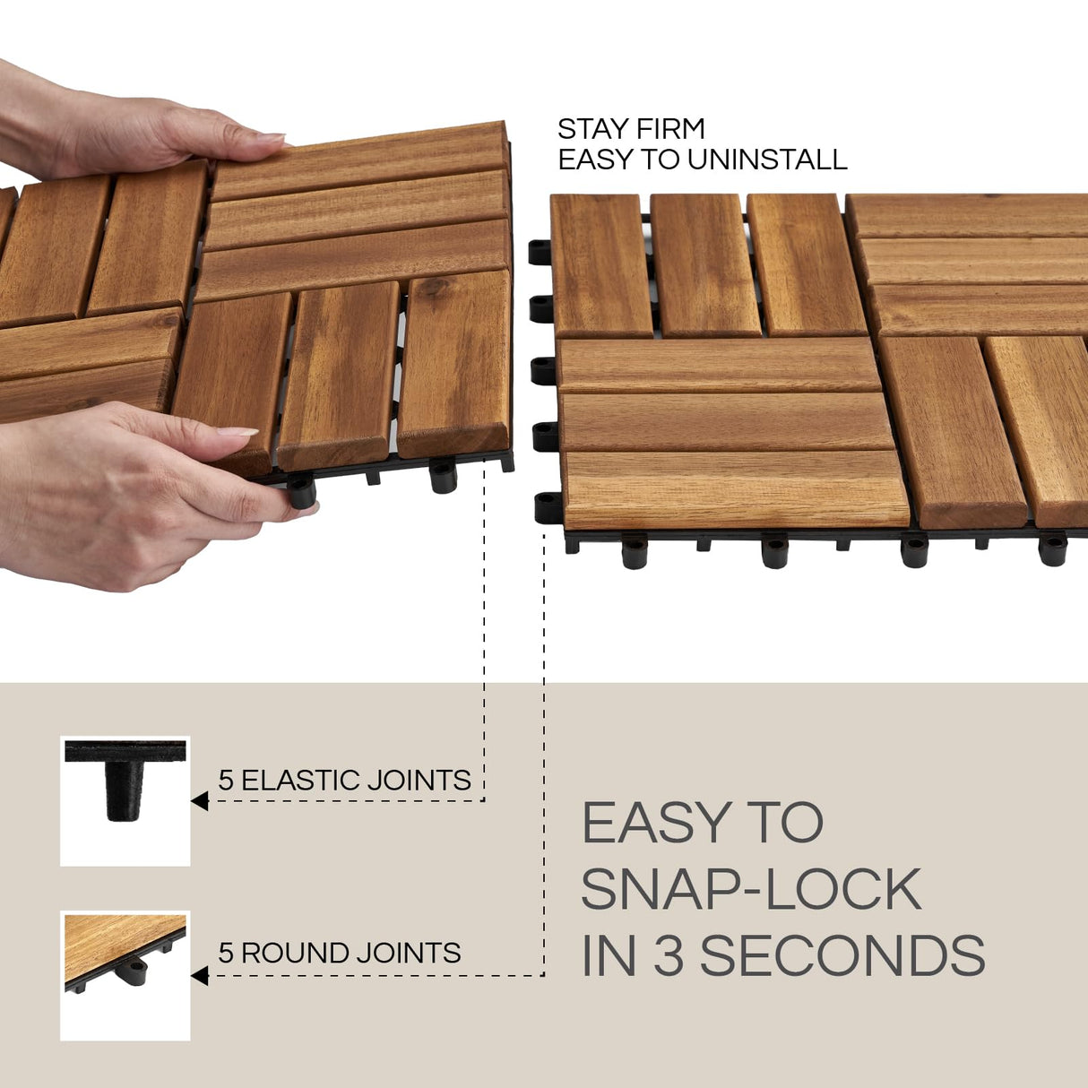 THYOI 10 Pcs Acacia Wood Deck Tiles 12" x 12", Deck Tiles Interlocking Outdoor All Weather, Patio Flooring Waterproof, Wood Patio Tiles for Indoor THYOI