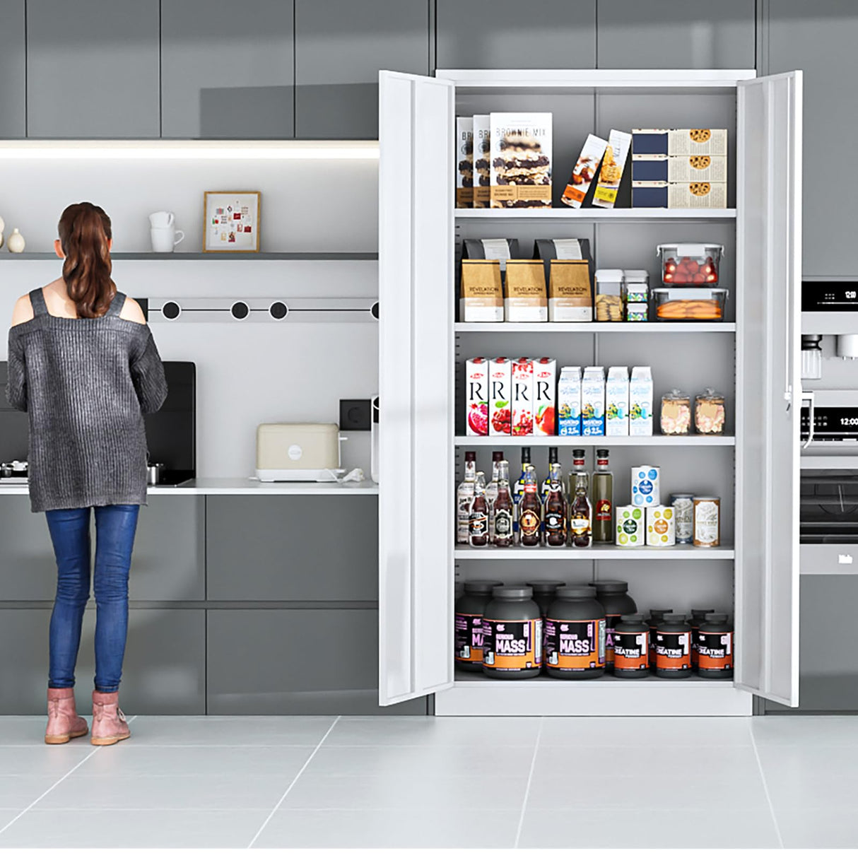 INTERGREAT Metal Storage Cabinet with Lock, 72" Office Storage Cabinet with Locking Doors and 4 Adjustable Shelves, White Lockable Steel Cabinet for INTERGREAT