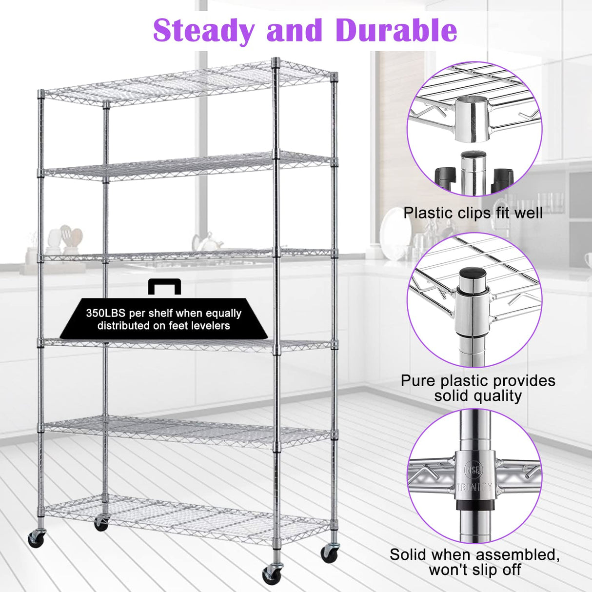 Storage Shelves 6-Tier Wire Shelving Unit Garage Shelving with Wheels 2100LBS Capacity,18" D x 48" W x 78" H Metal Shelves Storage Rack Heavy Duty Capacmkseh