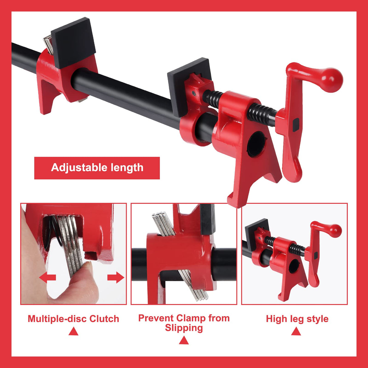 FASTORS Wood Clamps 2-Pack 3/4 Inch Pipe Clamps for Woodworking Heavy Duty with 2 Sets Pads, Install 3/4"Pipes for Use as Bar Clamps Red FASTORS