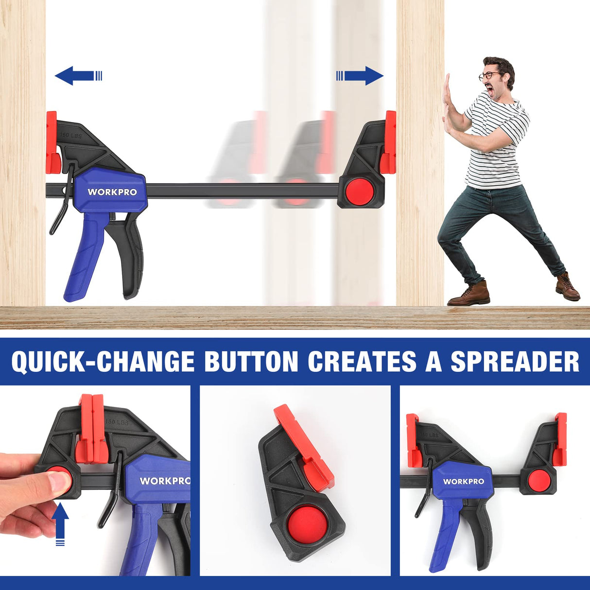 WORKPRO 12” & 6” Bar Clamps for Woodworking, 300lbs & 150lbs Load, One-Handed Spreader/Clamp, Quick-Clamp F Wood Clamps Set for Hand Wood Working WORKPRO