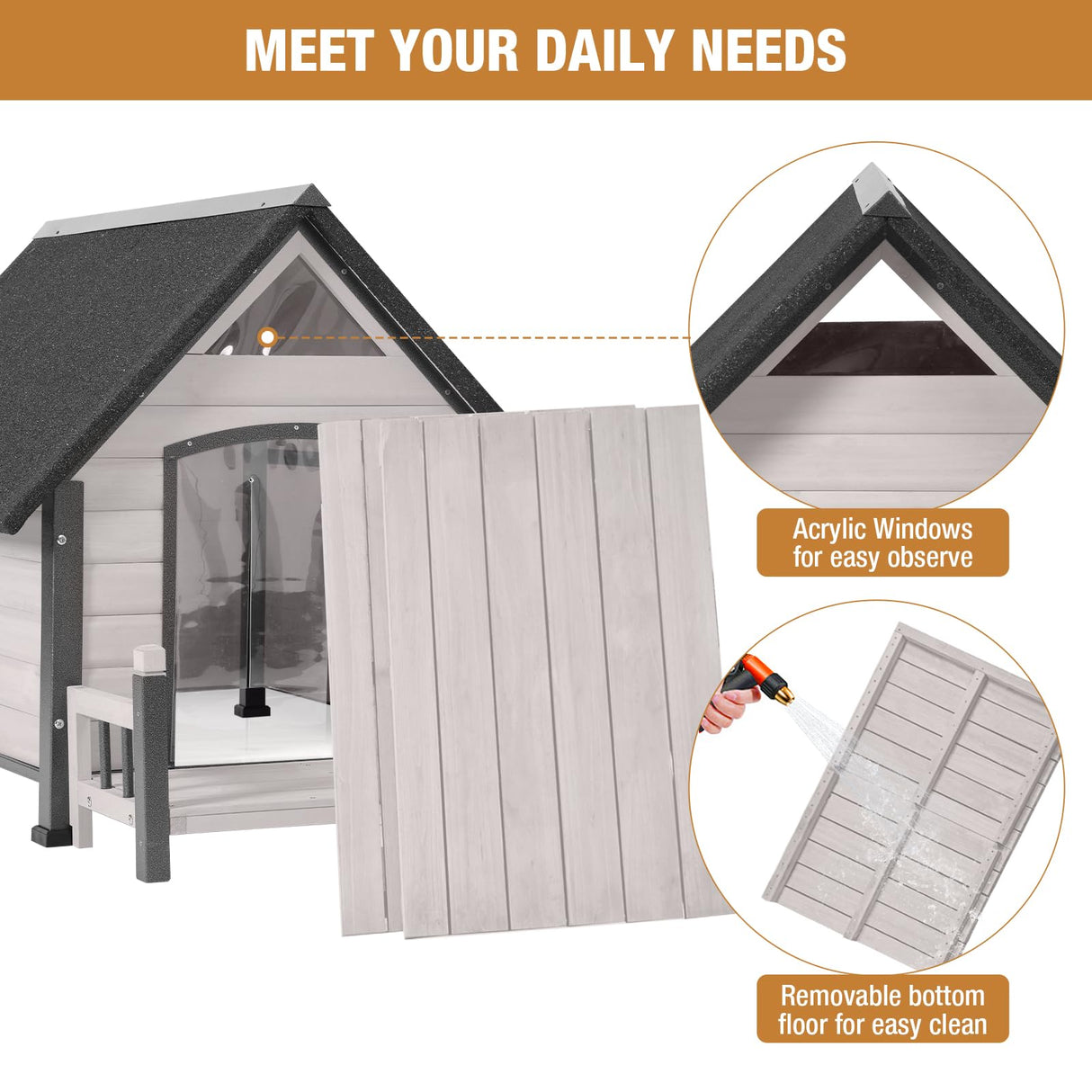 Dog House with Anti-Bite Metal Iron Frame Outdoor Wooden Dog Kennel Indoor Puppy Shelter for Small Medium Large Dogs Weatherproof(Off-White) GUTINNEEN