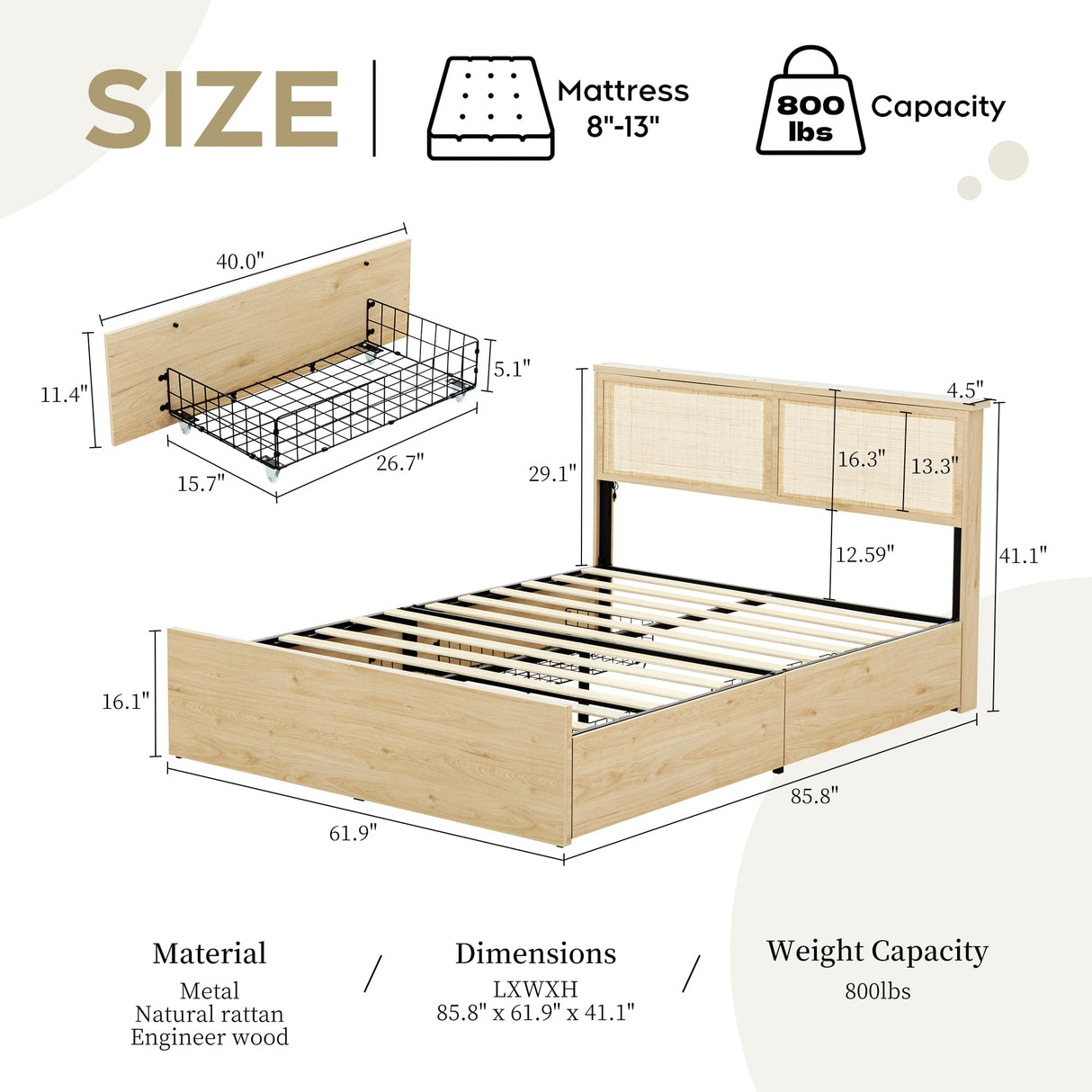 Natural Rattan Queen Bed Frame with 4 Storage Drawers and Sturdy Steel Support XIAO WEI