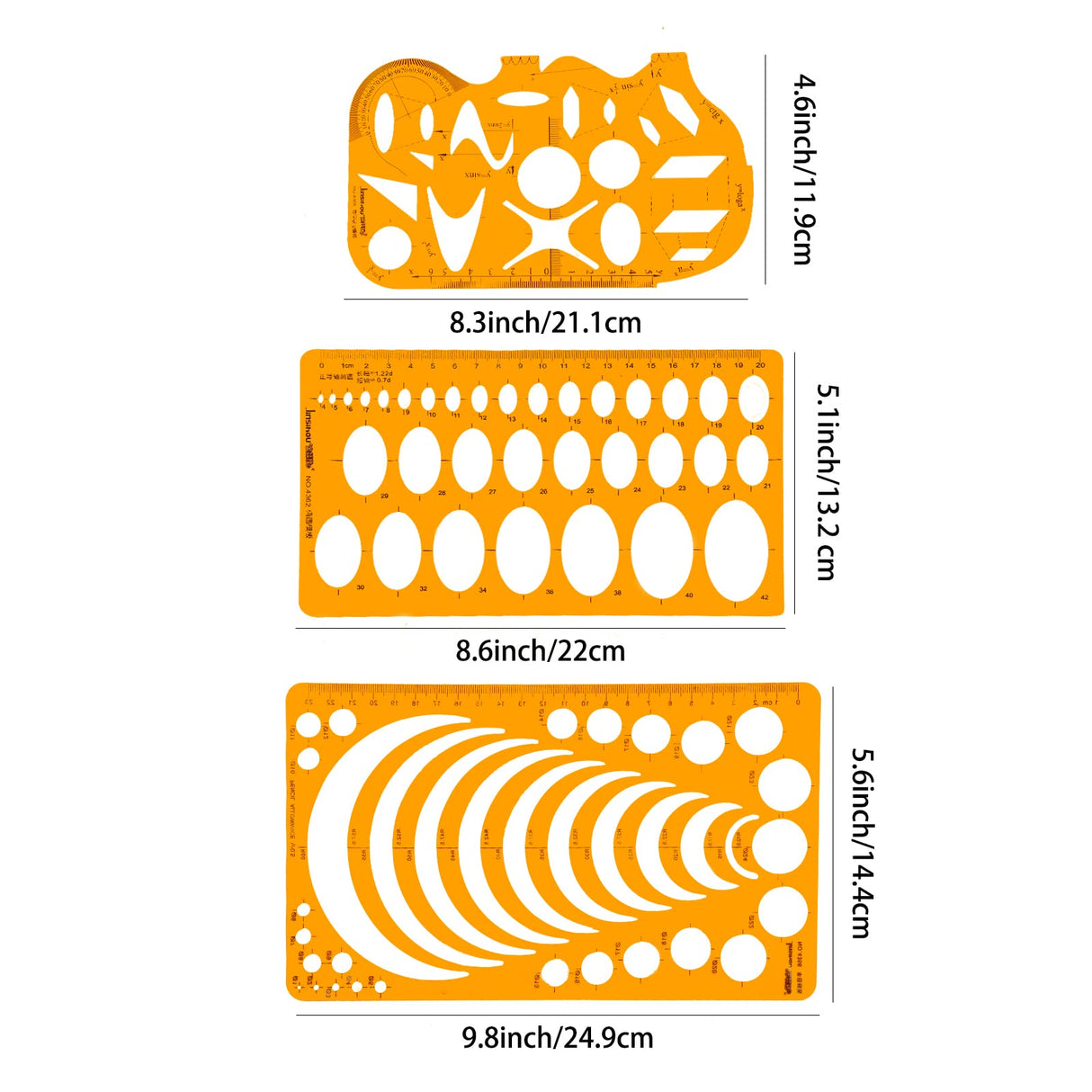 KESAPLAN 9 PCS Geometric Drawings Templates, Drafting Stencils Measuring Tools, Plastic Clear Orange Multi-Function Measuring Rulers with French KesaPlan