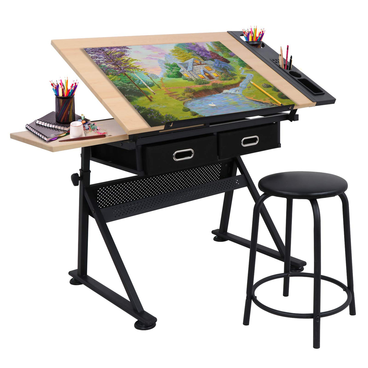 NOVA MICRODERMABRASION Adjustable Height Drafting Desk Drawing Table Tiltable Tabletop for Reading, Writing Art Craft w/Stool and Drawers Nova Microdermabrasion