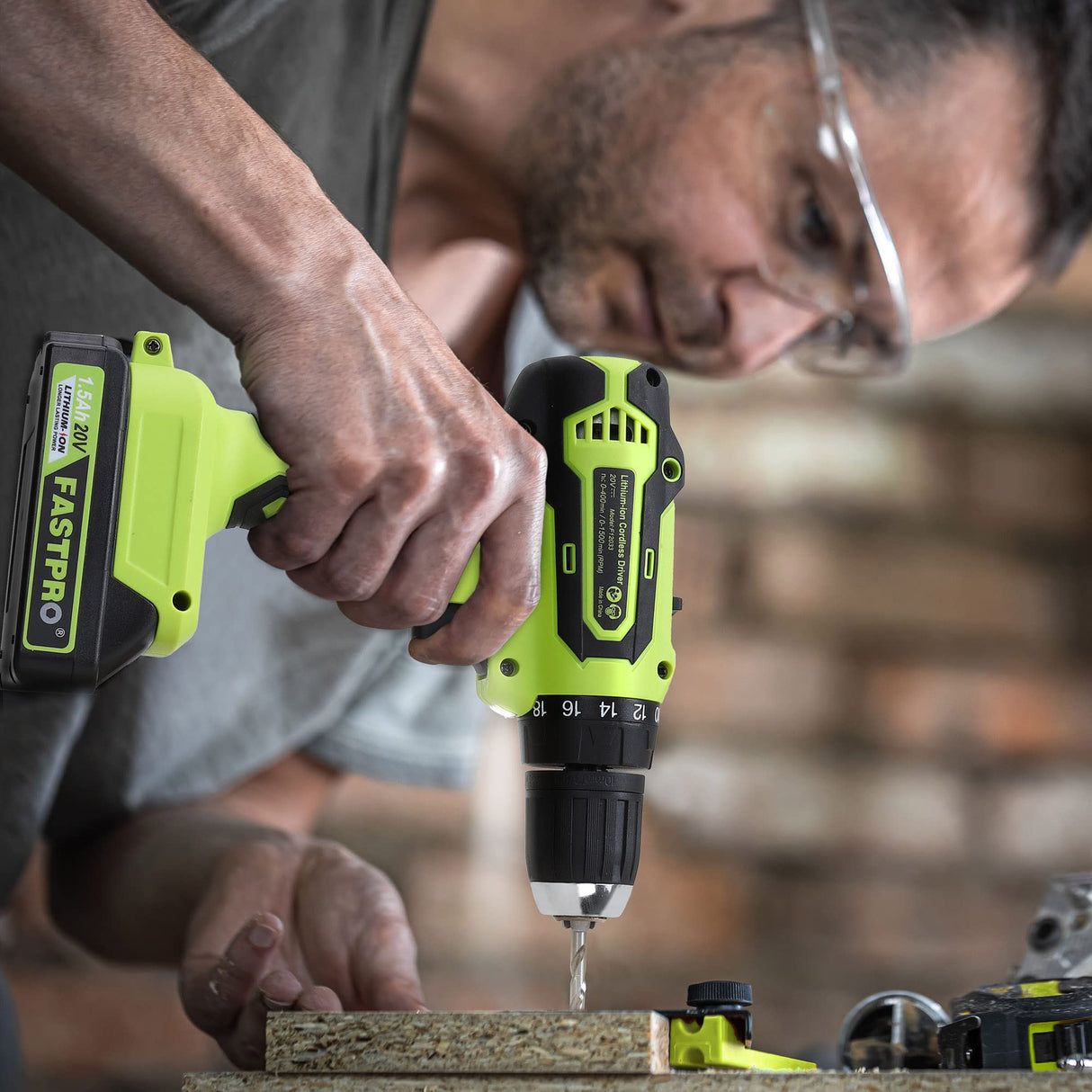 FASTPRO 20V Max Cordless Drill set, 3/8 in. Power Drill Driver kit with One 1.5 Ah Lithium-ion Batteries, Charger and Tool Bag, Green FASTPRO