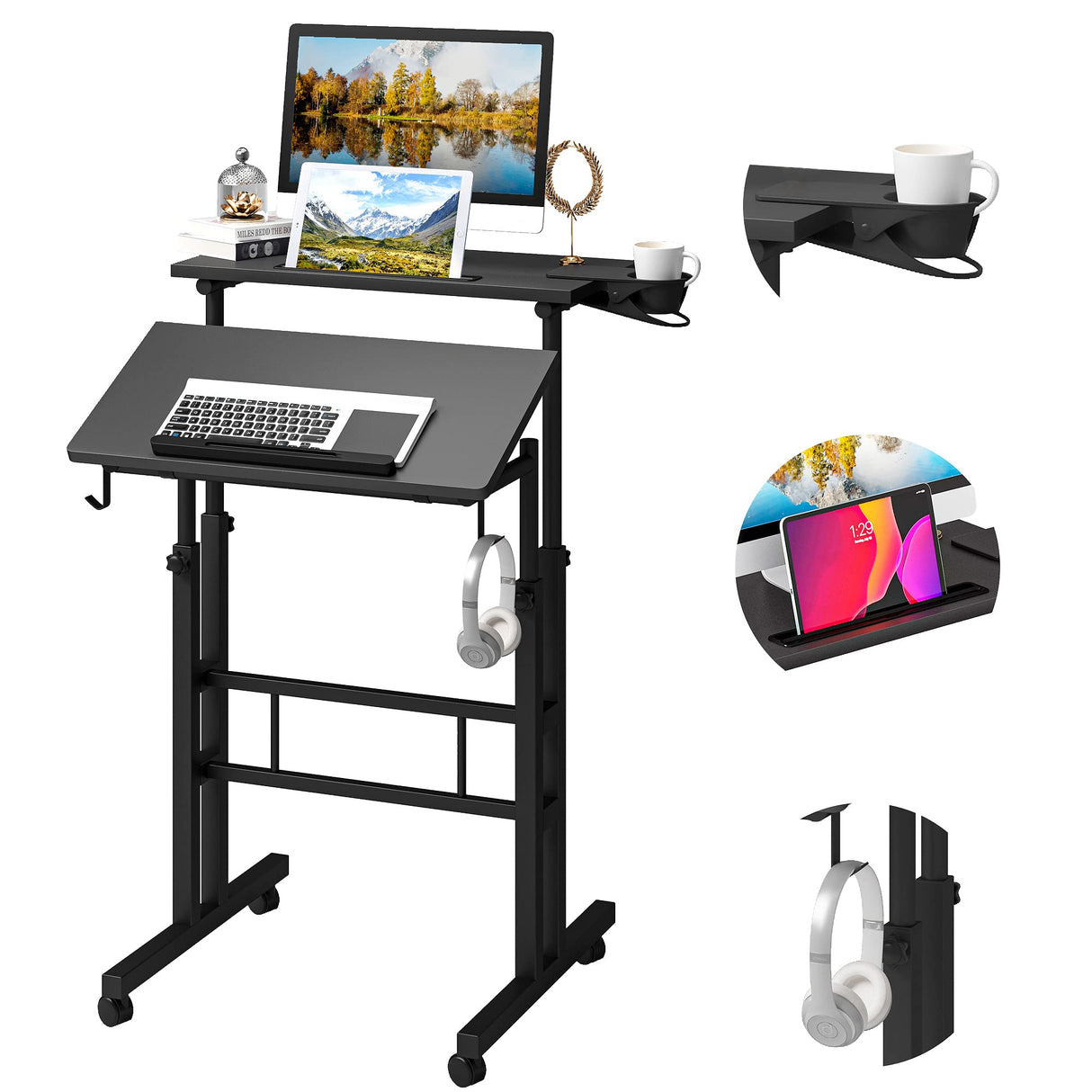 Klvied Adjustable Height Standing Desk with Cup Holder, Portable and Easy to Move, Ideal for Home or Office, Black Klvied