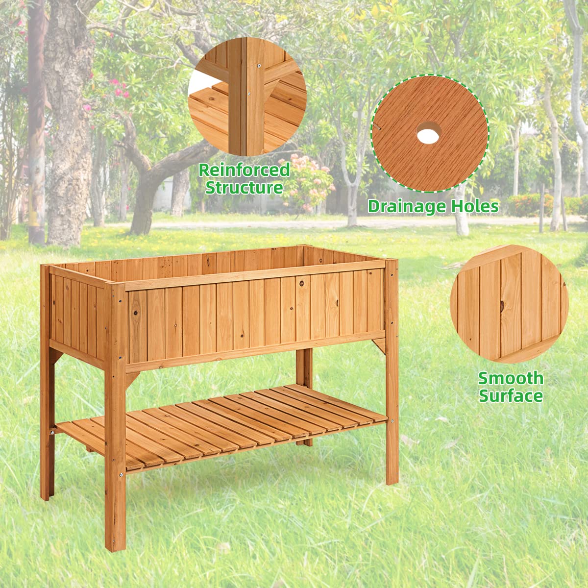 COSTWAY Raised Garden Bed, Wood Planter Box with Storage Shelf and for Vegetables, Flowers & Herbs, 2-Tier Elevated Garden Planter Bed for Backyard, COSTWAY