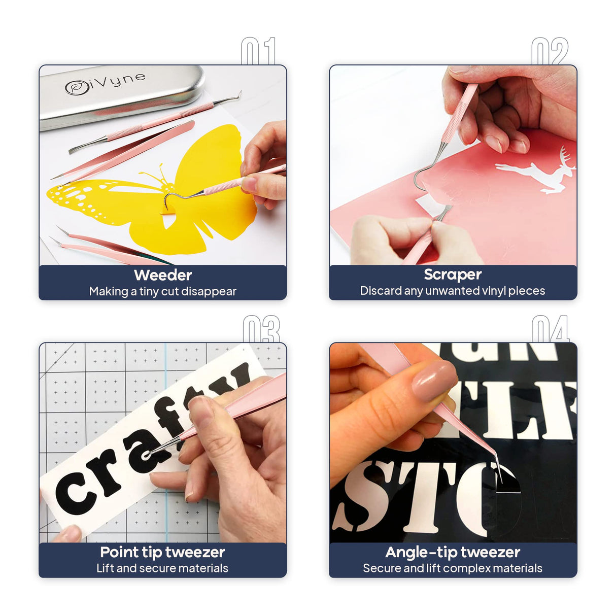 Premium Vinyl Weeding Tool Kit - Precision Stainless Steel Weeder - Hook and Pick with Fine Tweezers Crafting Set for Cricut Vinyl - by iVyne (Rose iVyne