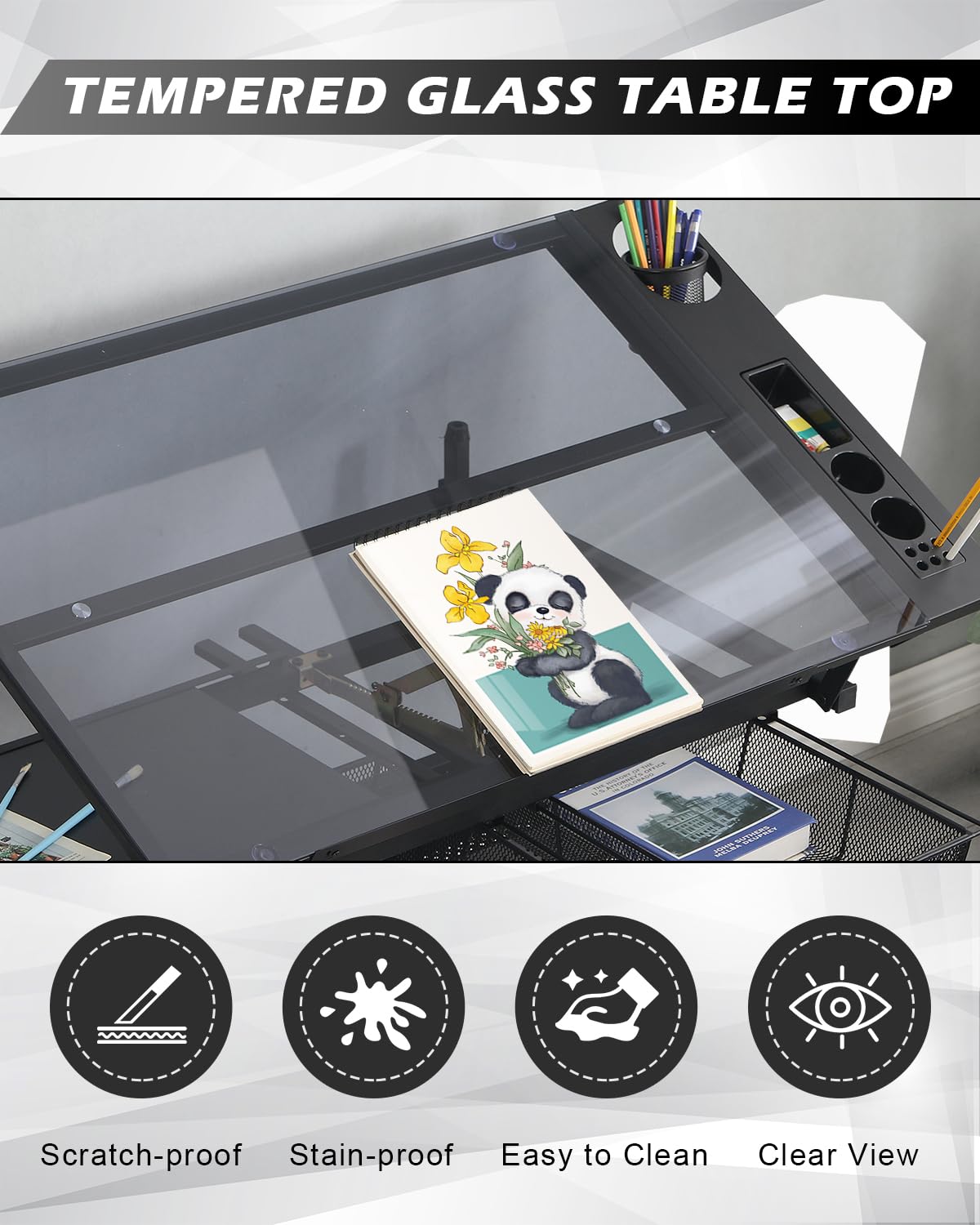 Drafting Table Adjustable Art Desk - LifeSky Artist Drawing Table Glass Top with Stool Black LIFE SKY