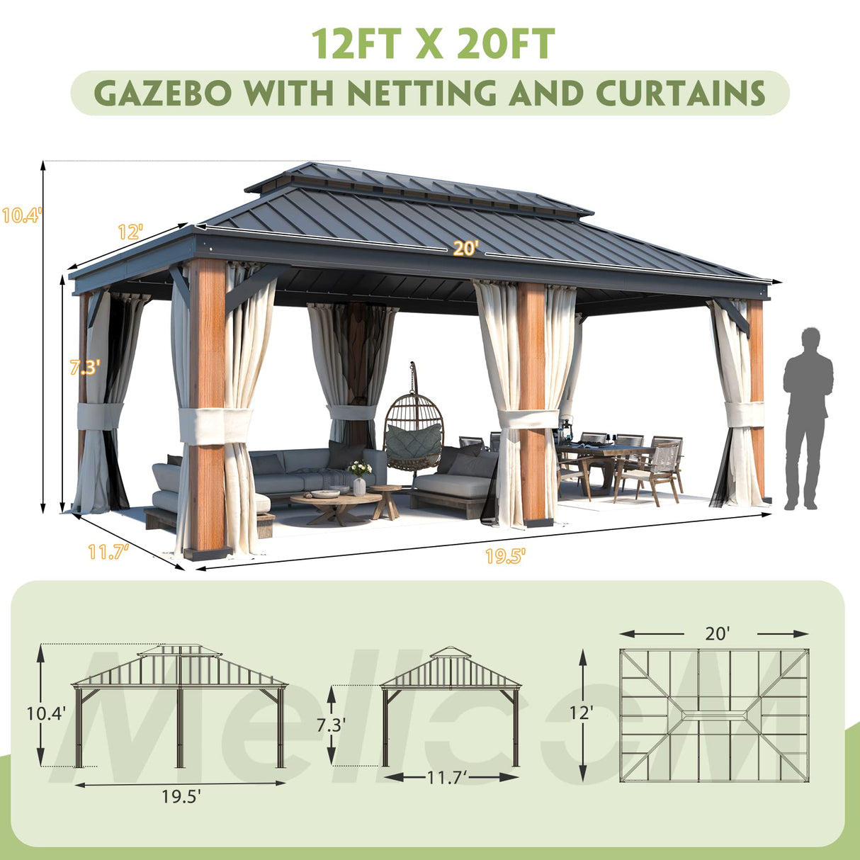MELLCOM Gazebo 12' x 20', Wooden Finish Coated Thicker Aluminum Frame Gazebo with Galvanized Steel Roof, Outdoor Patio Gazebos with Curtains and MELLCOM