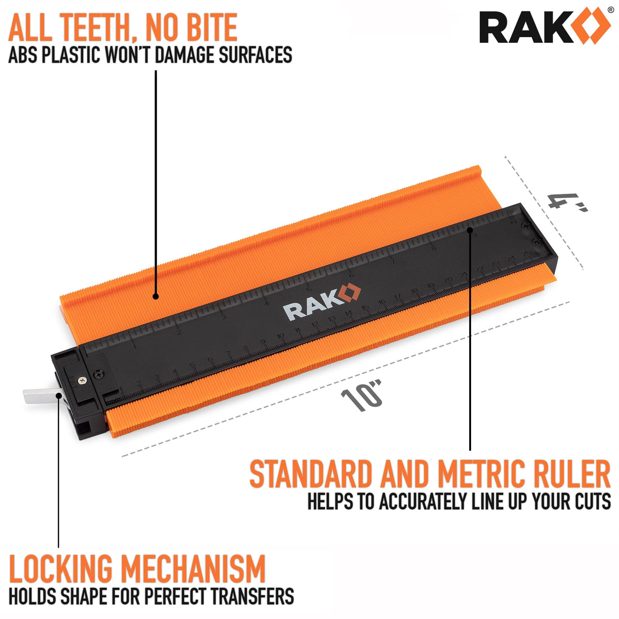 RAK Contour Gauge - Christmas Gifts for Dad - 10 Inch Edge Profile Measuring Tool with Lock - Adjustable Irregular Shape Outline of Flooring, Laying RAK