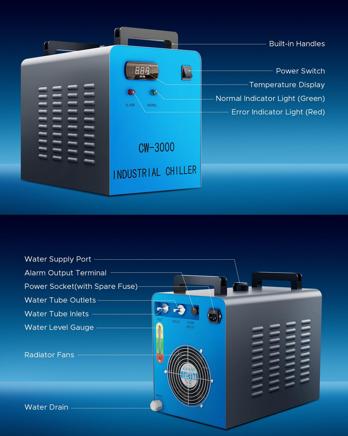 OMTECH 9L Industrial Water Chiller 2.6gpm CW-3000 Water Cooler for 40W K40 CO2 Laser Engraving & Cutting Machines, Water Cooling System Radiates 50W OMTech