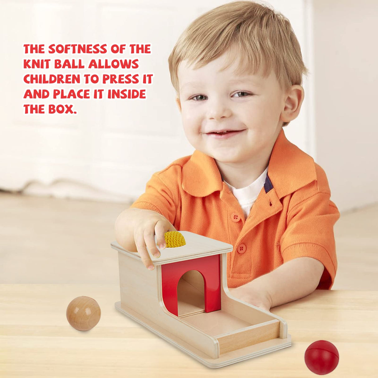 Adena Montessori Full Size Object Permanence Box with Tray Three Balls (Wood, Plastic,Knitted), Montessori Toys for Babies Infant 6-12 Month 1 Year Adena Montessori