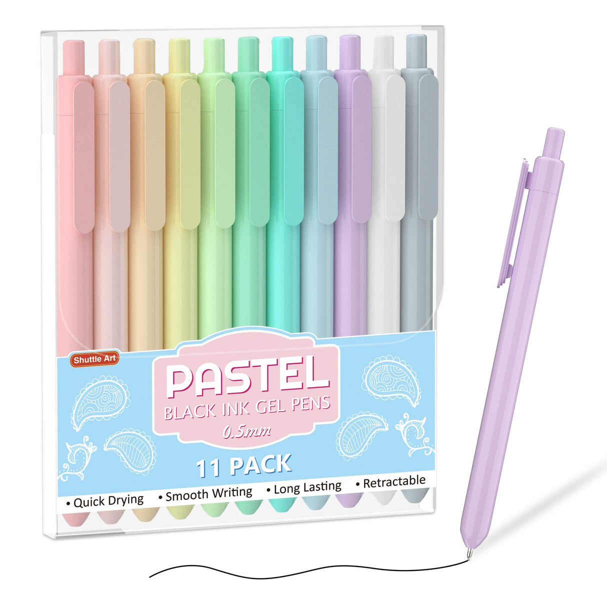 Shuttle Art Retractable Pastel Gel Ink Pens, 11 Pack Black Ink Pens, Cute Pens 0.5mm Fine Point for Writing Journaling Taking Notes School Office Shuttle Art