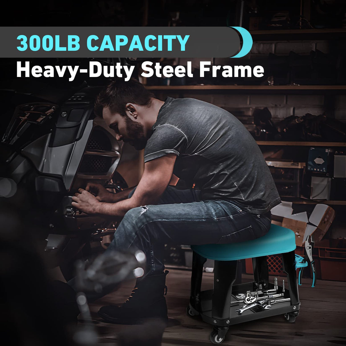 DURATECH Rolling Mechanic Stool, Shop Stools with 2 Inch Swivel Wheels, Heavy Duty Garage Creeper Seat with Tool Tray, 300 Lbs Loading Capacity(Tools DURATECH