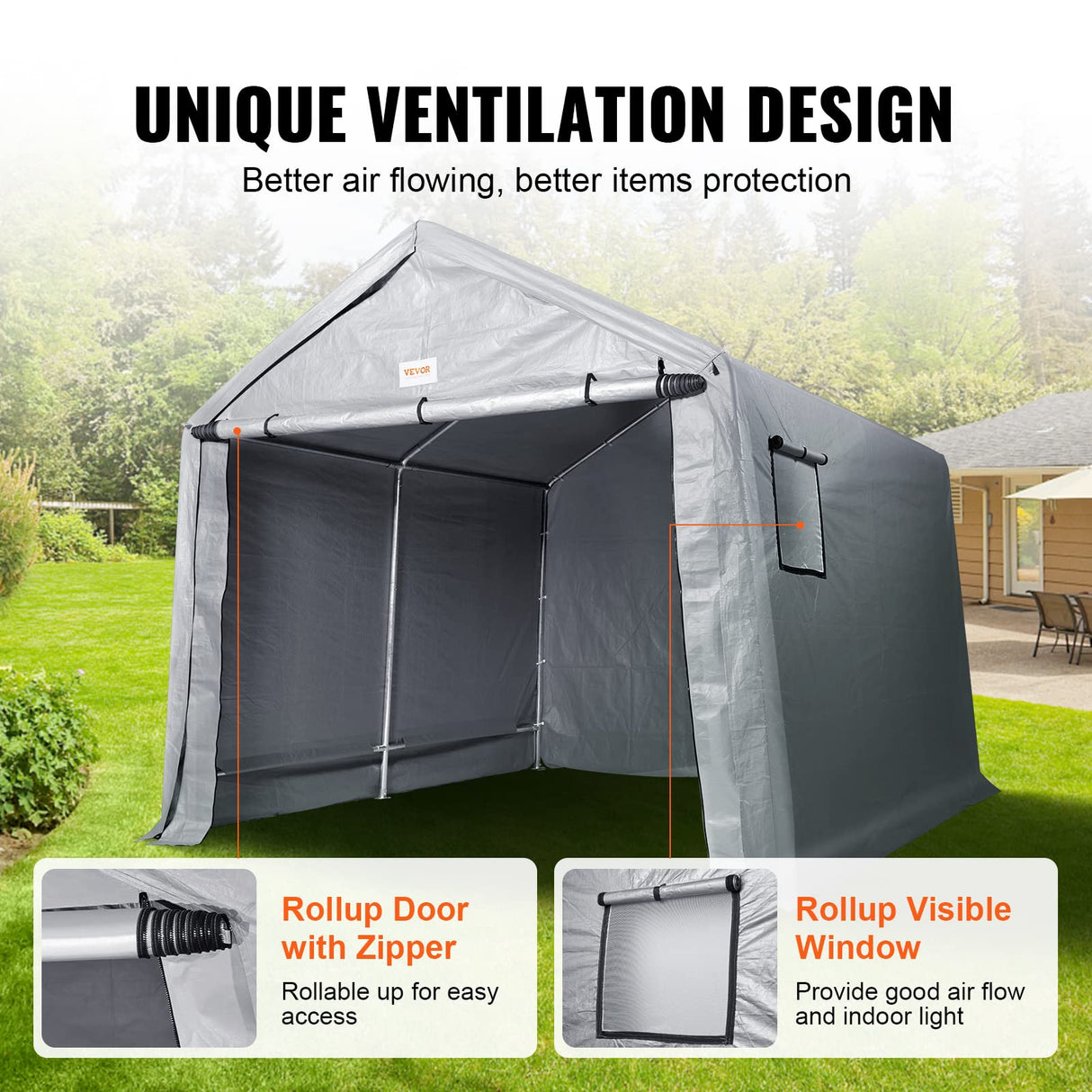 VEVOR Outdoor Portable Storage Shelter Shed, 10x15x8ft Heavy Duty Instant Garage Tent Canopy Carport with Roll-up Zipper Door and Ventilated Windows VEVOR