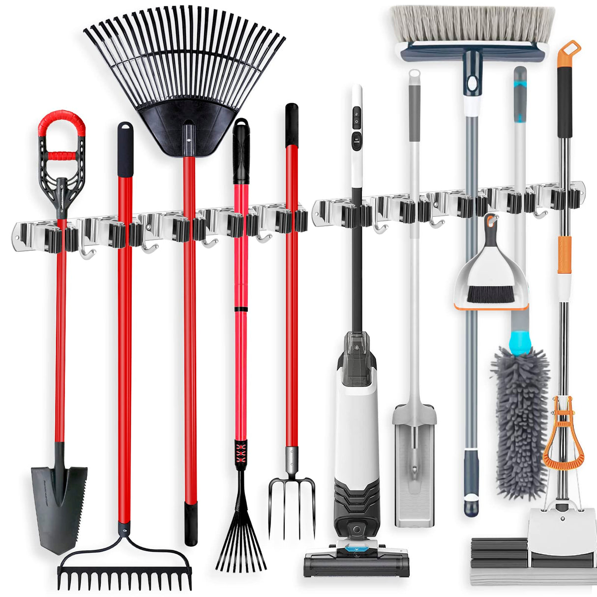 IMILLET 2 Pack Wall Mount Broom Holder Stainless Steel 5 Racks with 4 Hooks Broom Organizer Self Adhesive Heavy Duty Laundry Room, Garage IMILLET