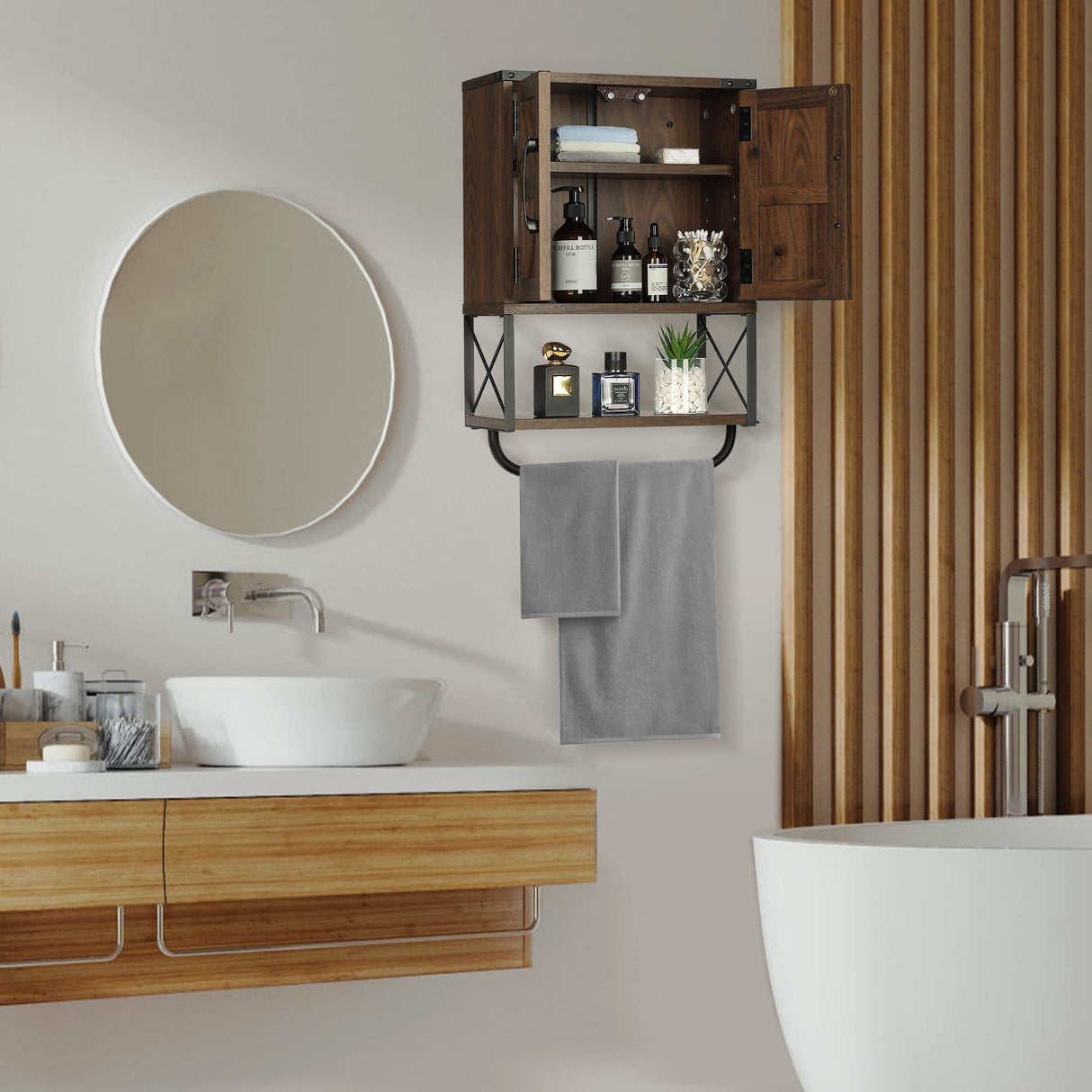 RUSTOWN Farmhouse Rustic Medicine Cabinet with Two Barn Door,Wood Wall Mounted 3-Tier Storage Cabinet with Adjustable Shelf and Towel Bar for RUSTOWN