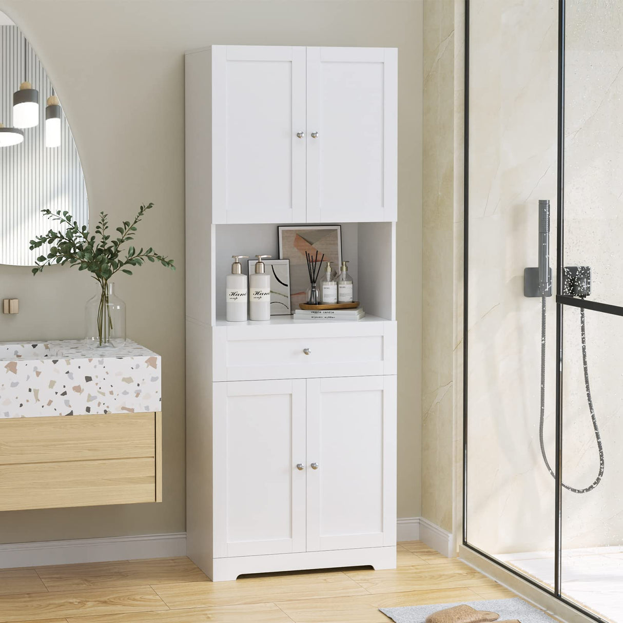 HIFIT Modern Tall Bathroom Storage Cabinet with 4 Doors, Shelves, and Drawer - 67" Freestanding Linen Cabinet in White HIFIT