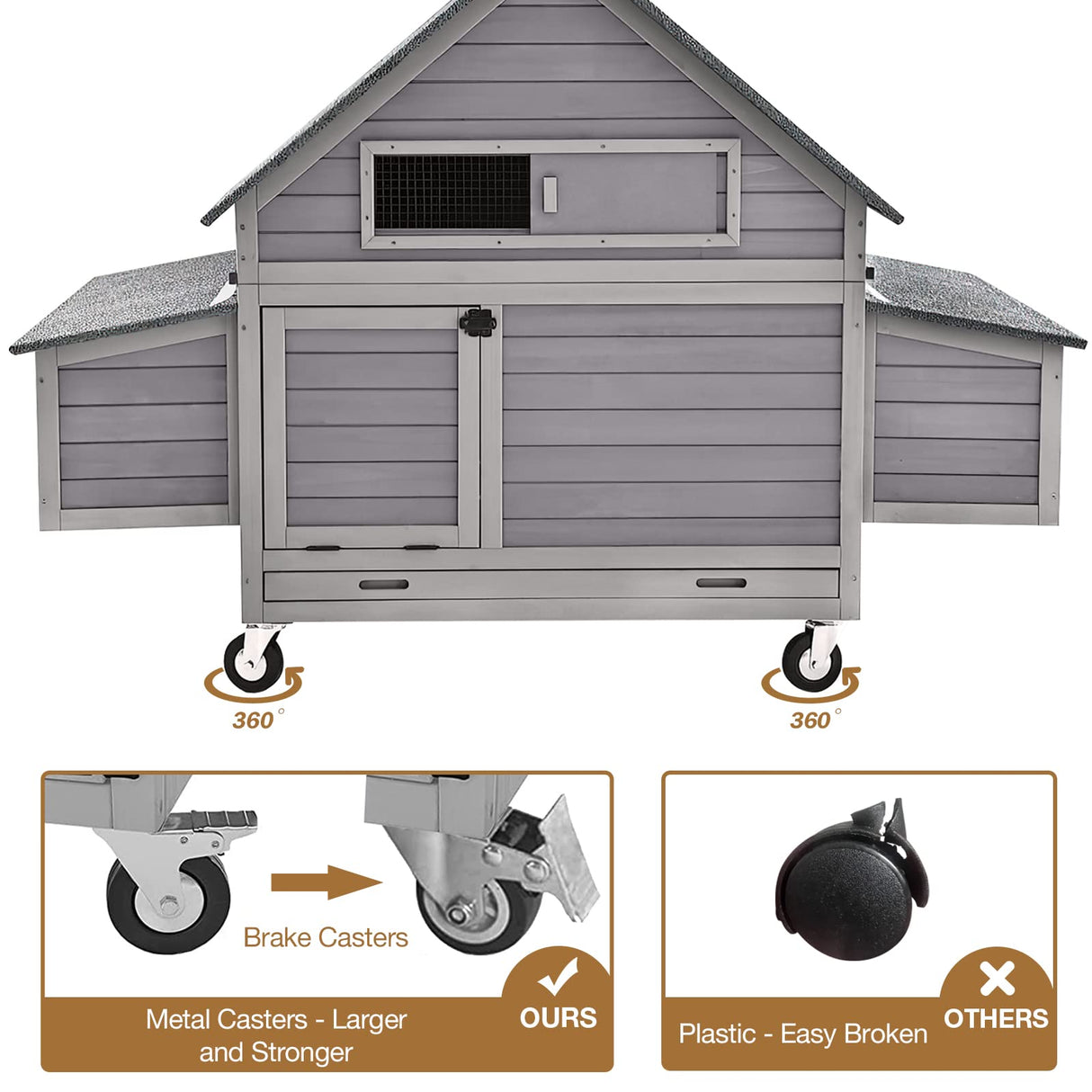 Chicken Coop Poultry Cage on Wheels Outdoor Duck Coop Wooden Hen House with Large Nesting Box, Movable GUTINNEEN