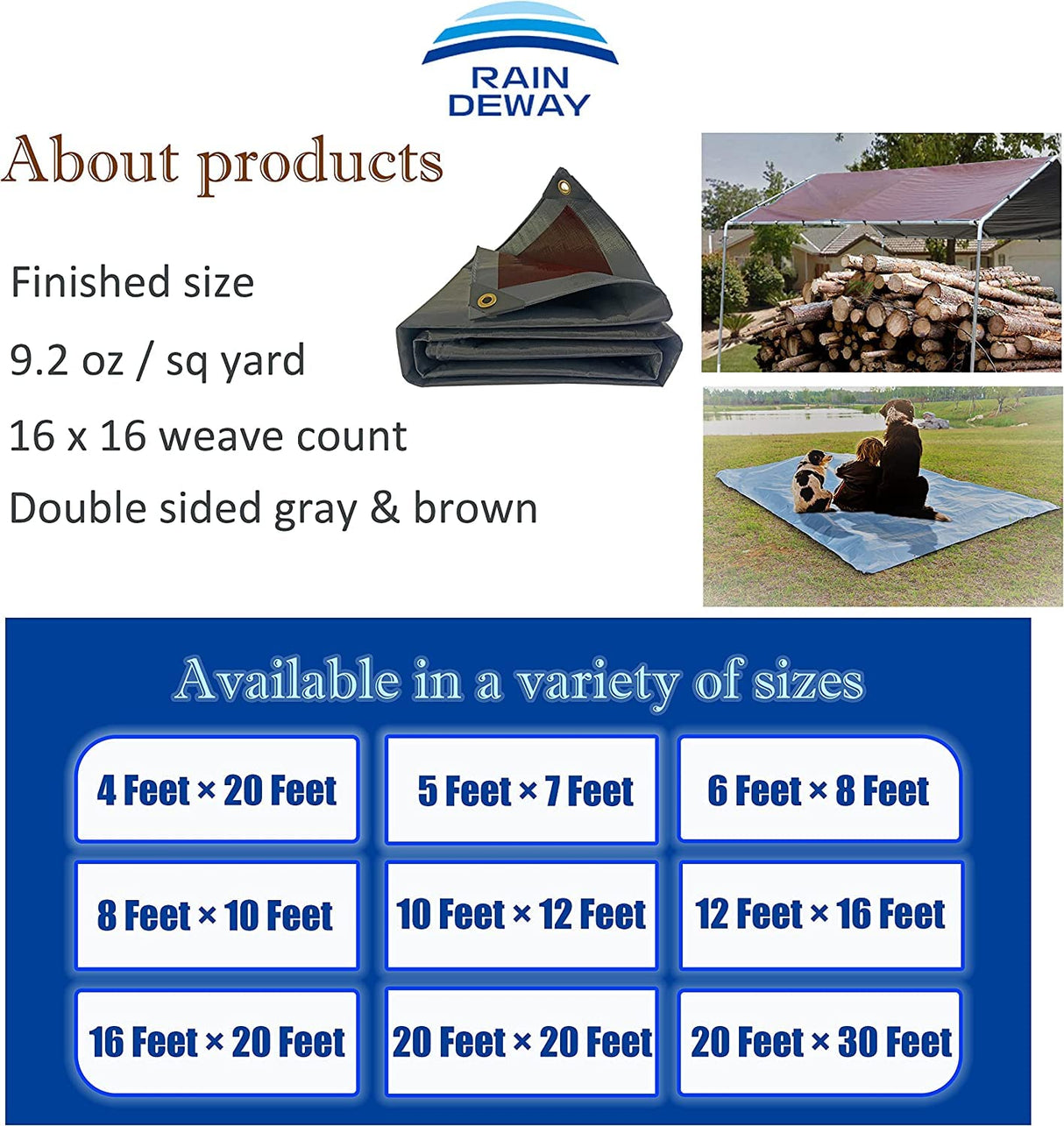 RAINDEWAY 10x20 Feet Super Heavy Duty Tarp 18 Mil, UV Resistant, Weatherproof, Multipurpose Waterproof Poly Tarp with Reinforced Edges, Brown/Gray RAINDEWAY