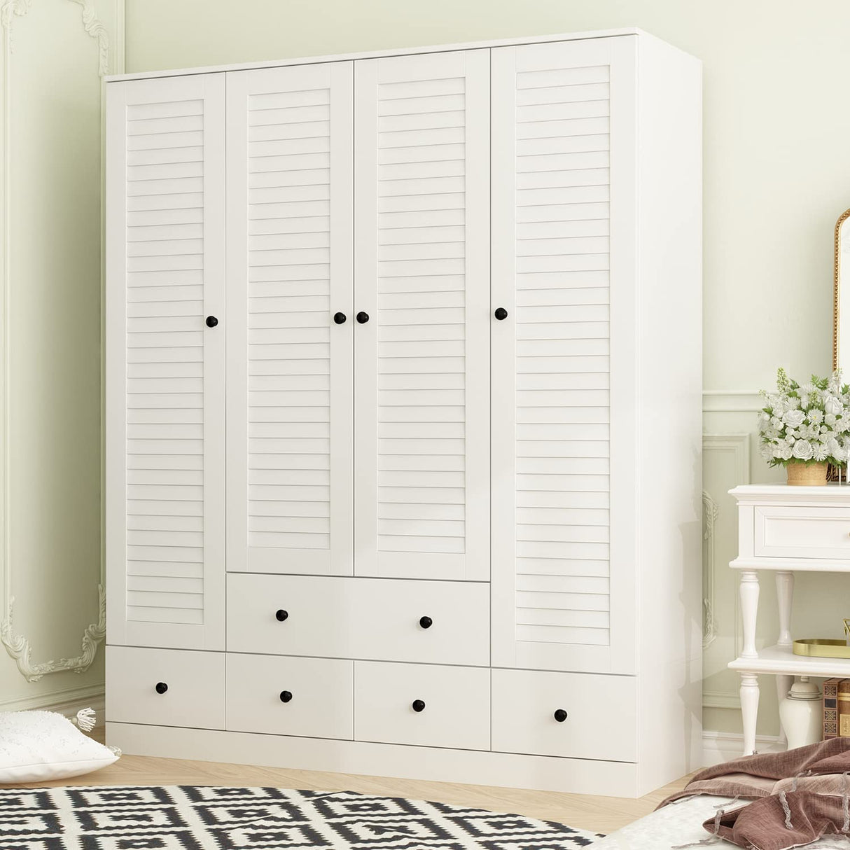 ECACAD Large Wardrobe Armoire with Multi-Tier Shelves, 5 Drawers, Hanging Rod & 4 Louver Doors, Wooden Closet Storage Cabinet for Bedroom, White ECACAD