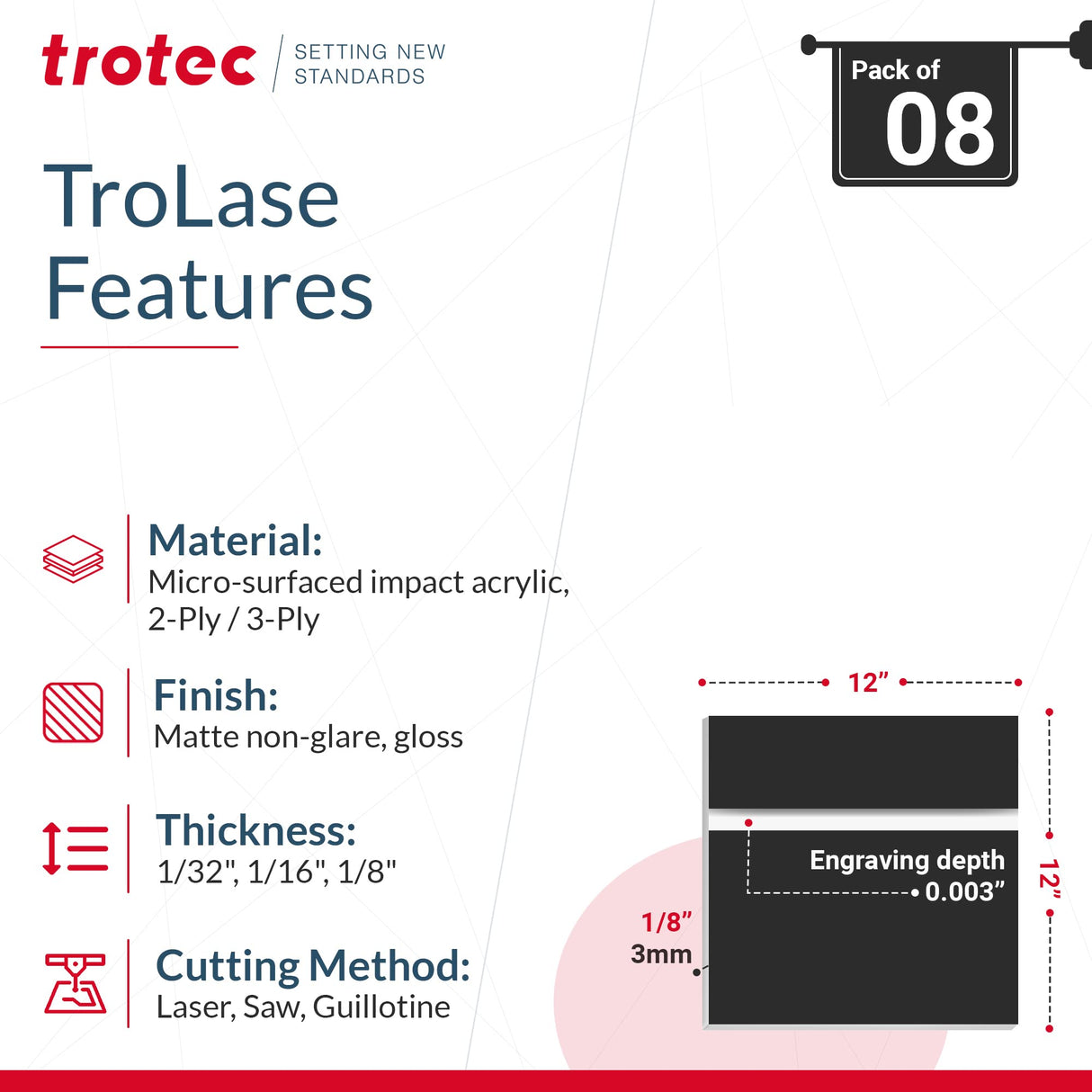 Trotec TroLase | 12"x12"x1/8", 8 Pcs | Black/White | 2 Ply | Modified Acrylic | Laser Engraving Double Color Plastic Sheet | Engraving Blanks for TROTEC
