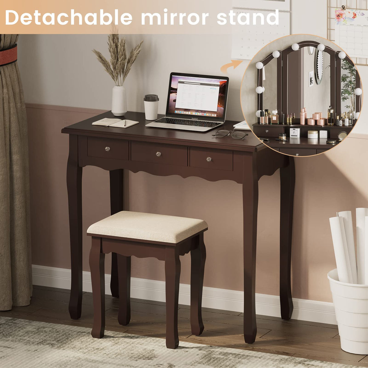 Tiptiper Vanity Desk, Makeup Vanity Set with Lighted Mirror and Stool, Dressing Table with 5 Drawers, 3 Light Settings & Adjustable Brightness, Tiptiper