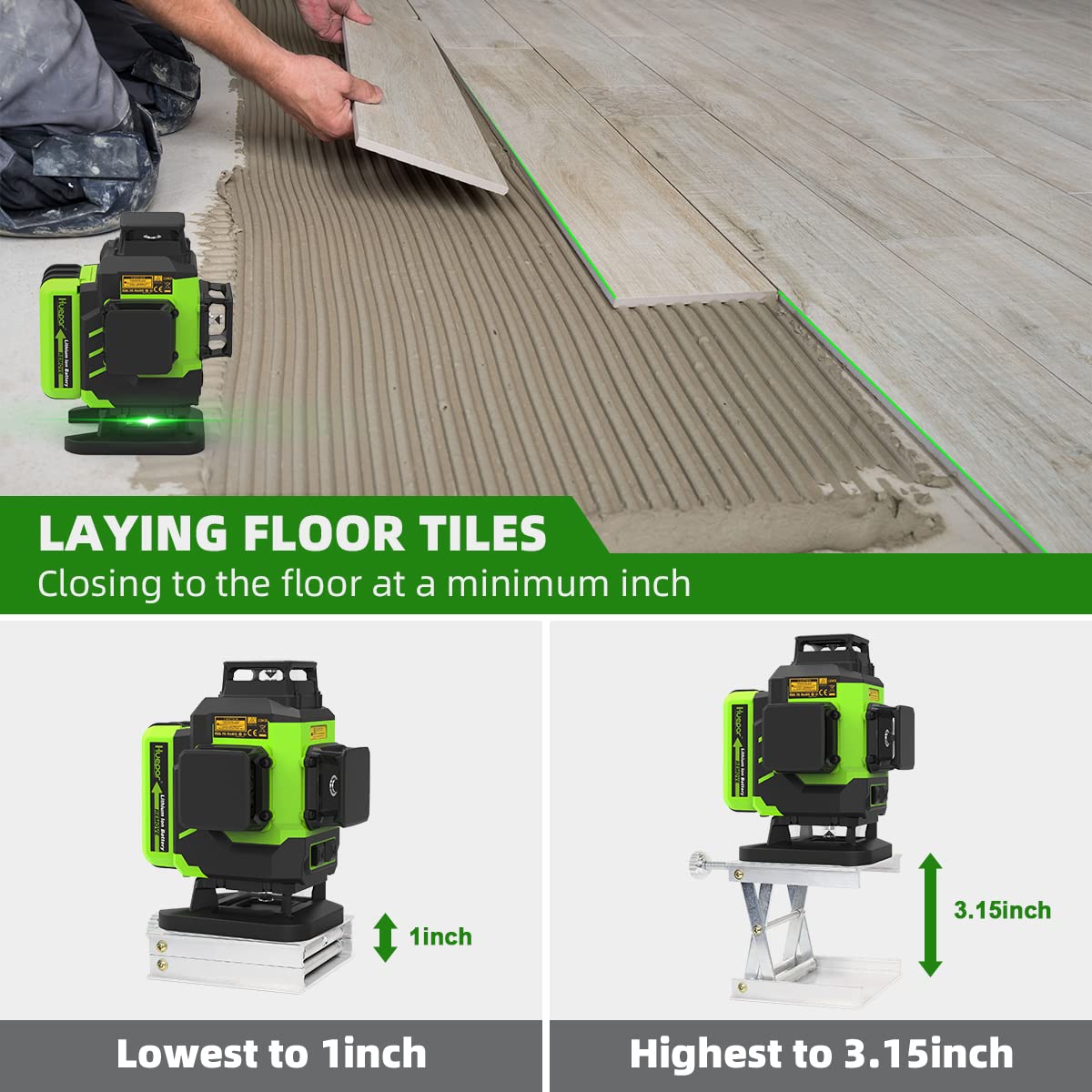 Huepar 4x360 Laser Level Self-leveling 16 Lines Green Beam 4D Cross Line Tiling Floor Tool-2 x 360 Horizontal & 2 x 360 Vertical Laser Lines with Two Huepar