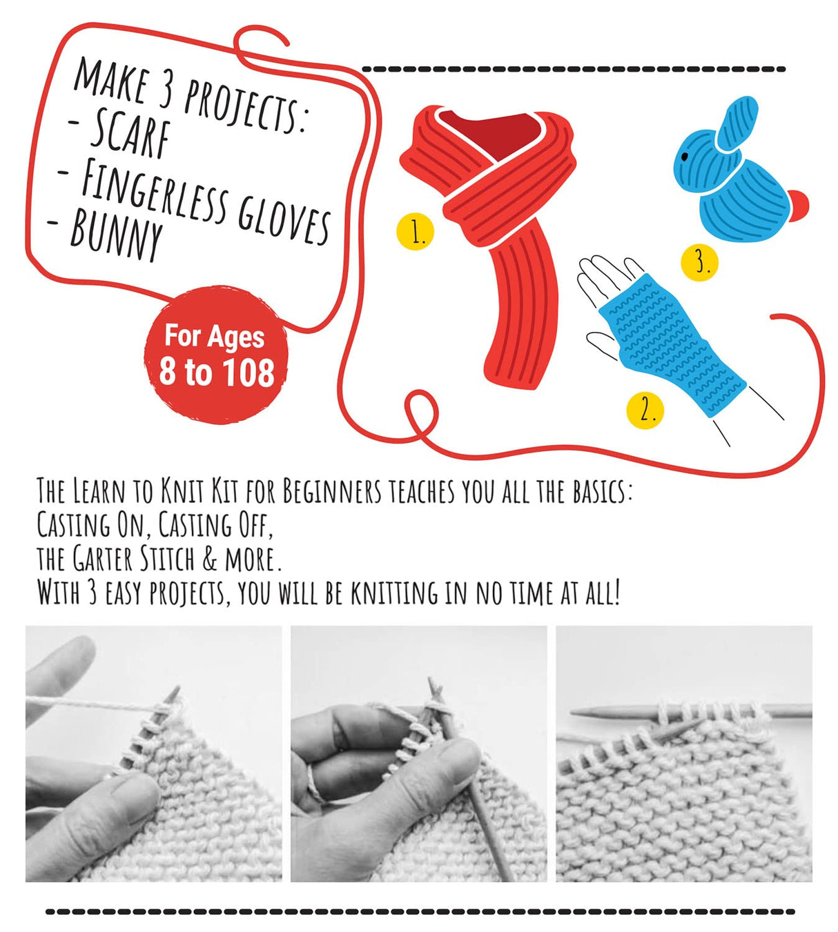 CraftLab Knitting Kit for Beginners, Kids and Adults Includes All Knitting Supplies: Wool Yarn, Knitting Needles, Yarn Needle and Instructions – CraftLab
