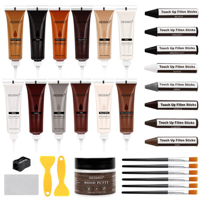 DEWEL Wood Furniture Repair Kit, 31 Pcs Scratch Repair Wood Filler, Wax Sticks with Wood Putty for Wood Floors, Scratches, Cracks, Hole, Laminate,