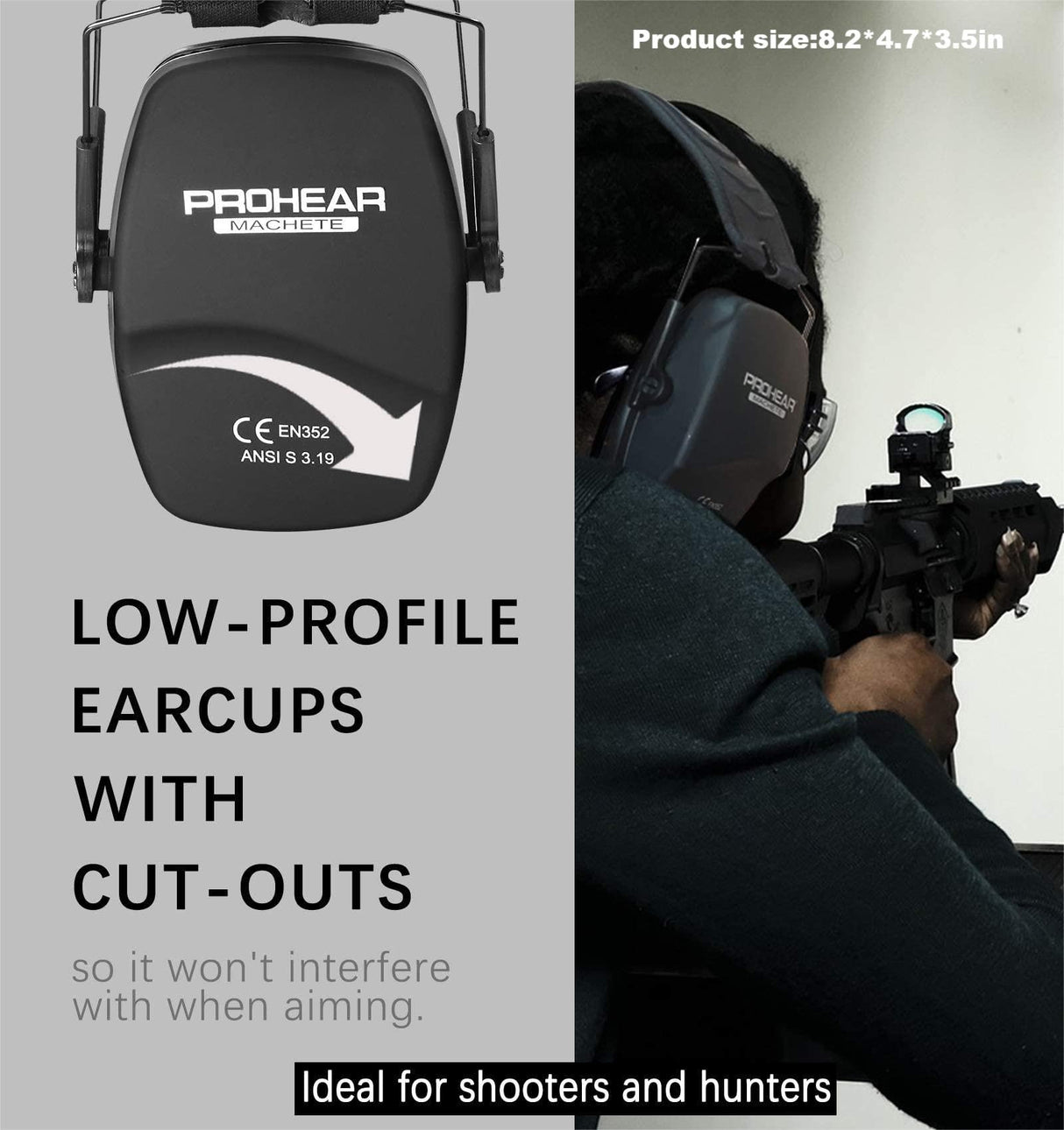 PROHEAR 016 Ear Protection Safety Earmuffs for Shooting, NRR 26dB Noise Reduction Slim Passive Hearing Protector with Low-Profile Earcups, Compact PROHEAR