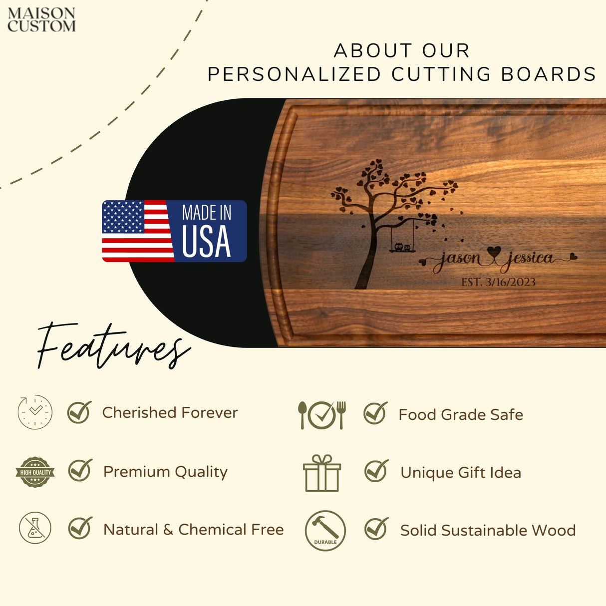 Handmade in USA - Wood Personalized Cutting Board - Unique Wedding Gift Idea for Couples, Anniversary, Christmas, Bridal Shower, Housewarming - Many Maison Custom