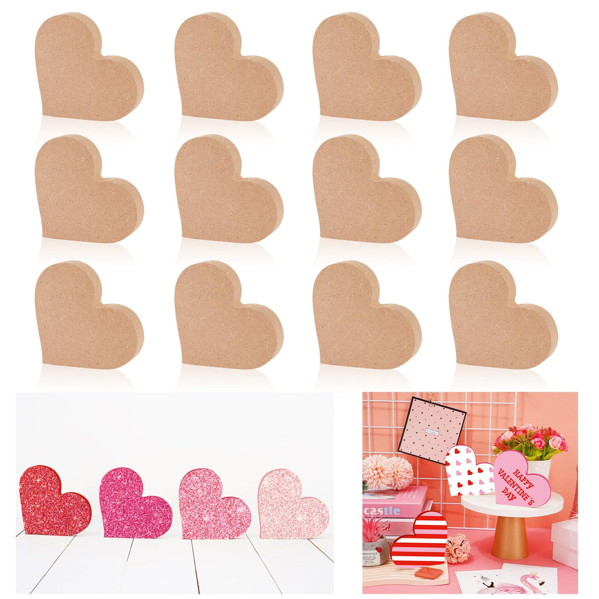 Whaline 12Pcs Valentine's Day Heart Shaped Table Wooden Sign Unfinished Blank Heart Density Board Slice Double-Sided Tabletop Heart Decor for Wedding Whaline