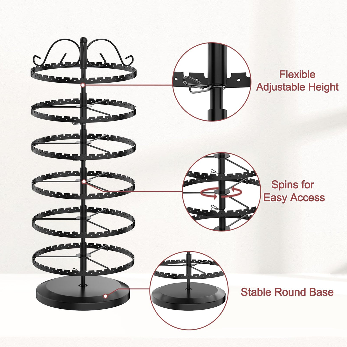 MODOWEY 6 Tier Rotating Earring Holder Organizer, Adjustable Metal Earring Display Stand Rack for Women Girl, 400 Holes and Grooves Earring Tower MODOWEY