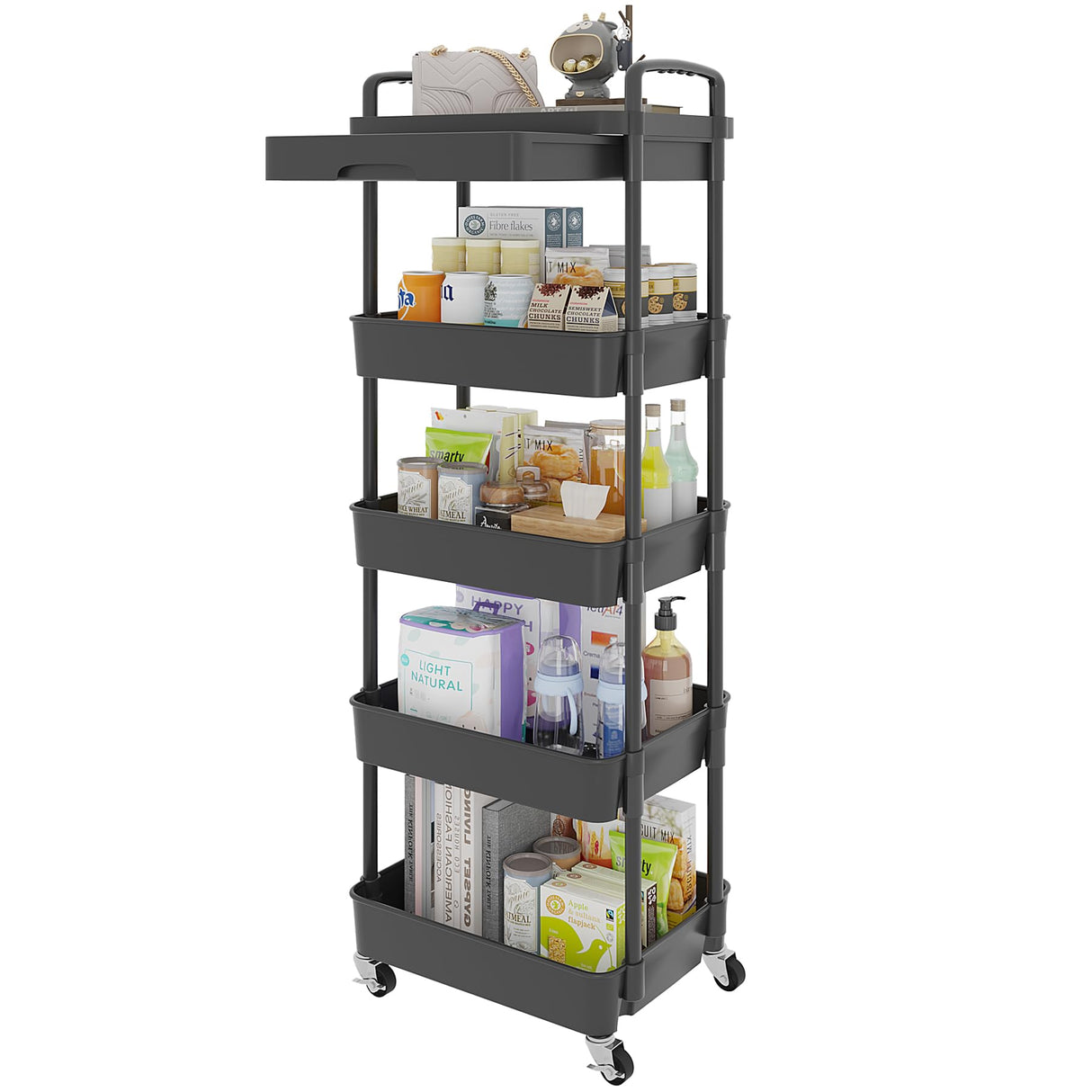 Calmootey 5-Tier Rolling Utility Cart with Drawer,Multifunctional Storage Organizer with Plastic Shelf & Metal Wheels,Storage Cart for Calmootey