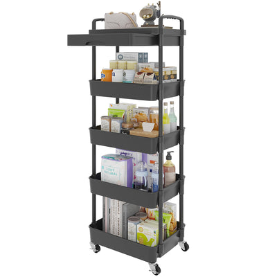 Calmootey 5-Tier Rolling Utility Cart with Drawer,Multifunctional Storage Organizer with Plastic Shelf & Metal Wheels,Storage Cart for