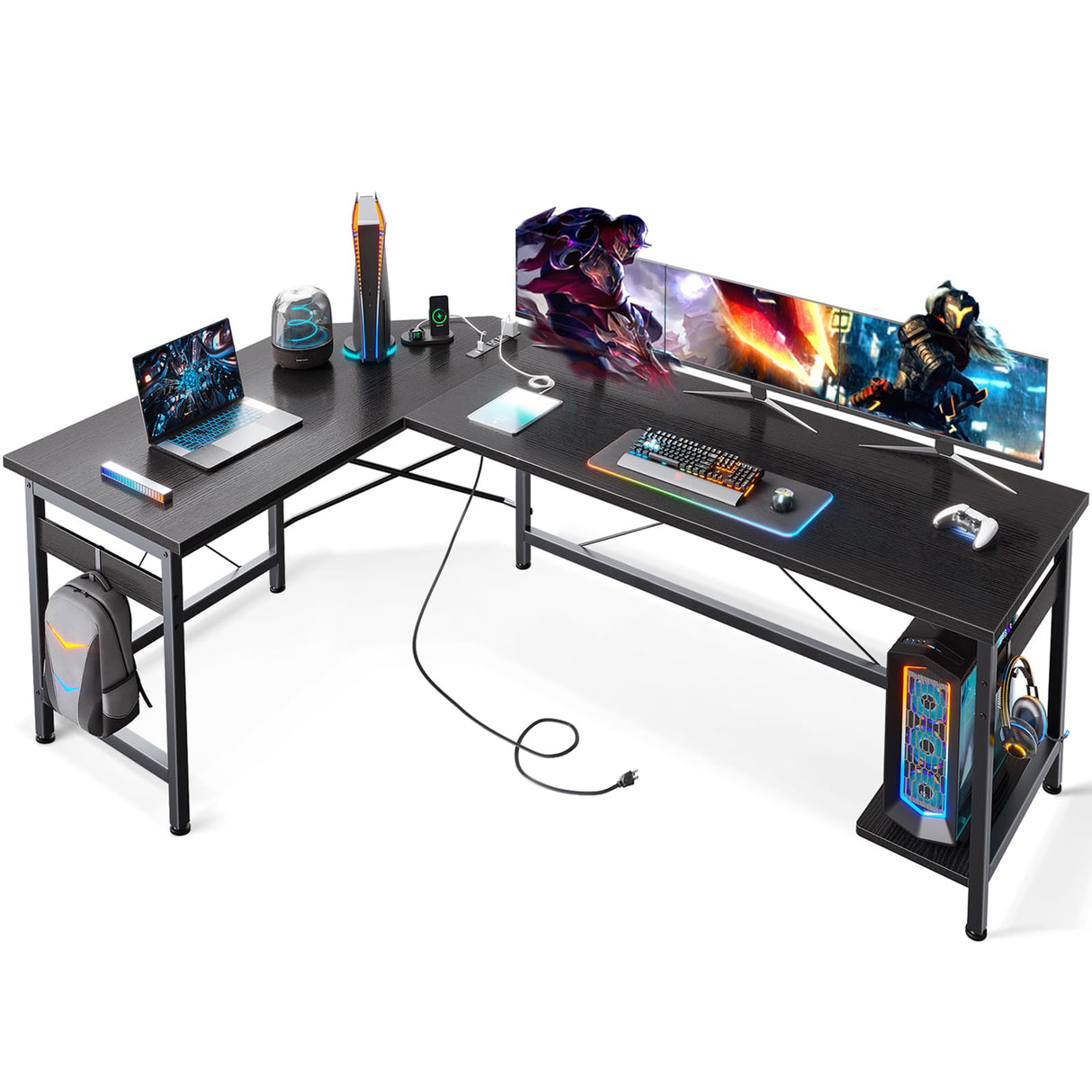 Coleshome 66" L Shaped Gaming Desk with Outlet, L Shaped Desk with CPU Stand, Corner Computer Desk, Home Office Desk, Writing Desk, Black Coleshome