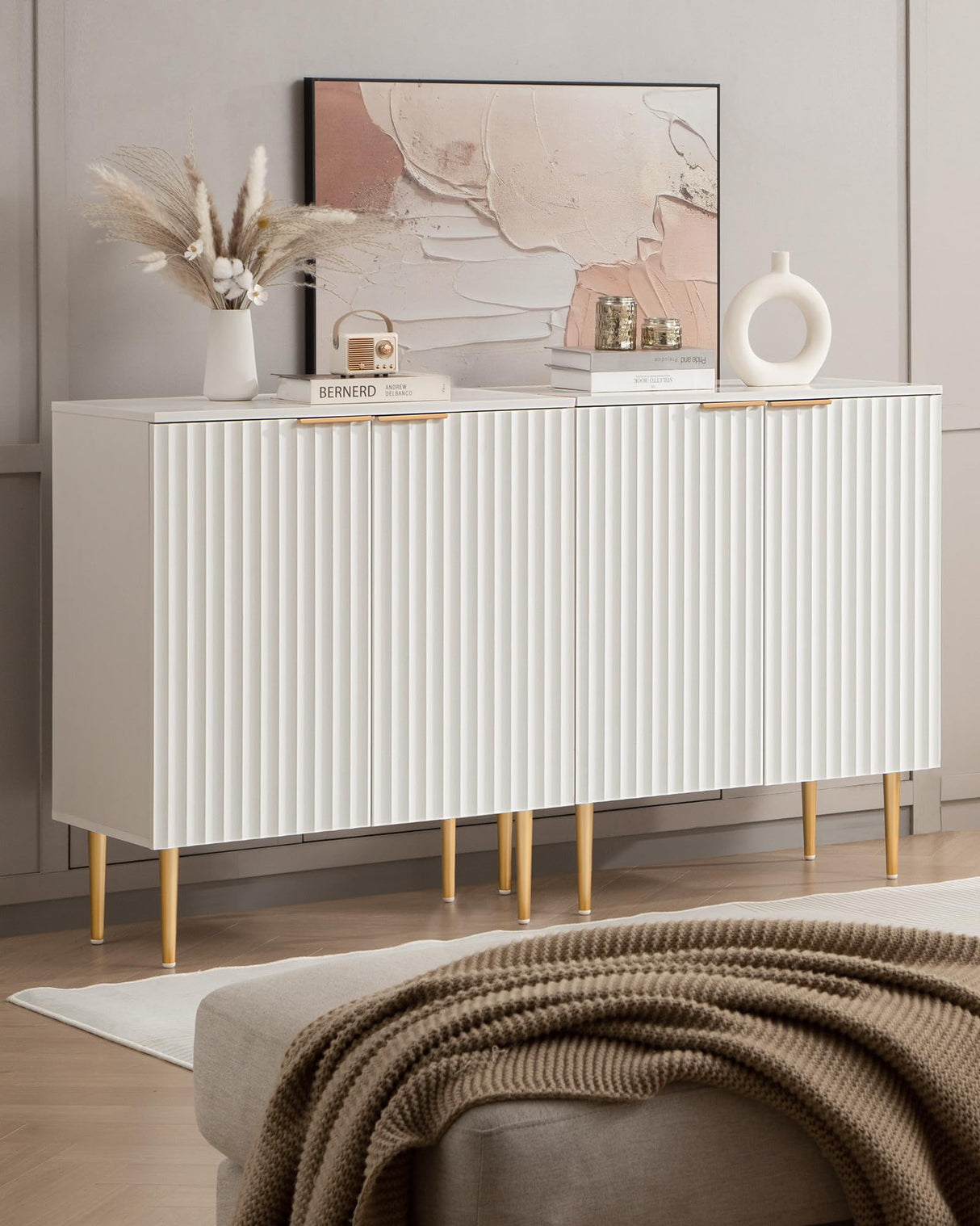 SICOTAS Fluted White Storage Cabinet, Wood Sideboard Buffet Cabinet with Spray-Painted Finish, Multifunctional Console Table with Storage Credenza SICOTAS