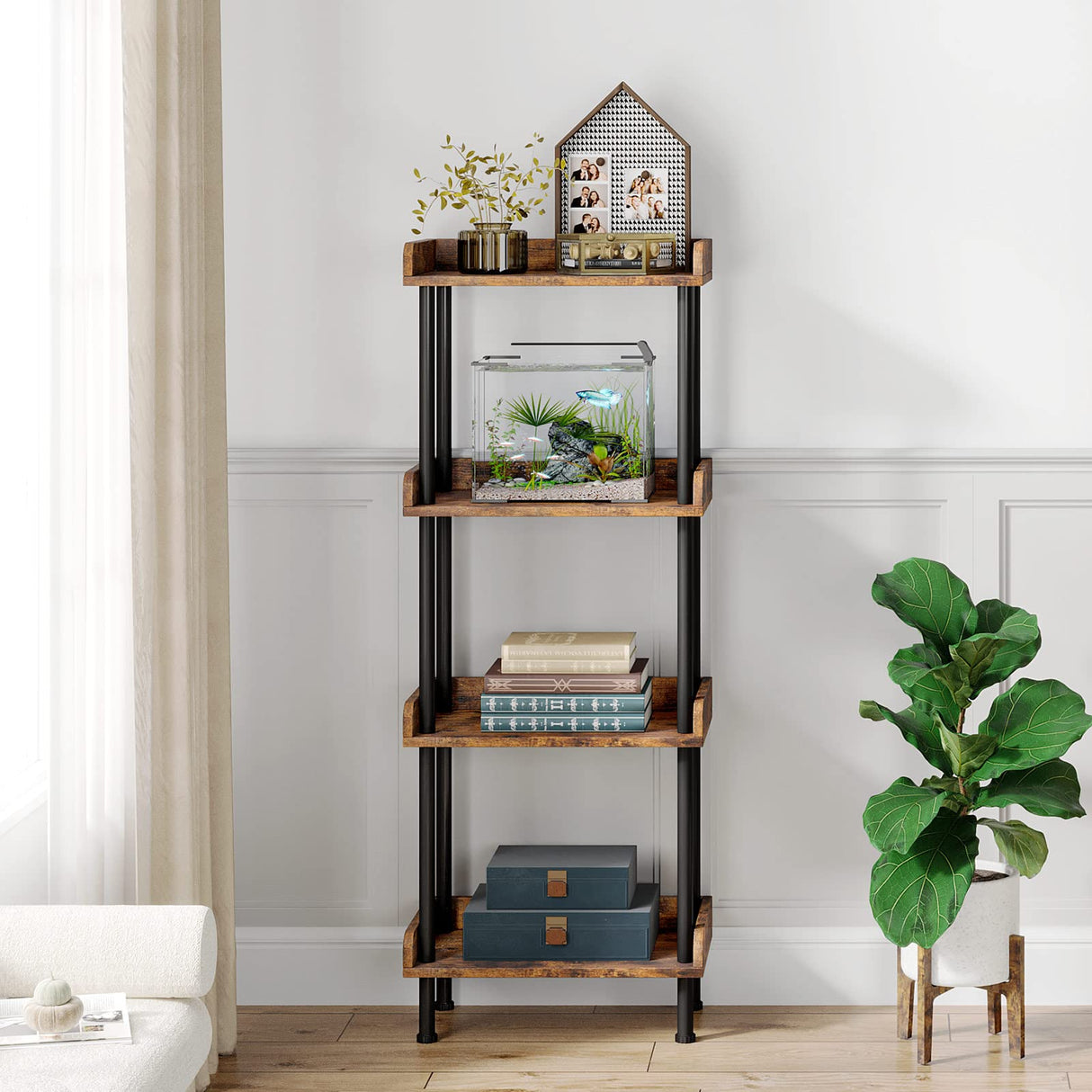 Vintage 4-Tier Hosfais Small Bookcase for Space-Saving Storage in Rustic Brown Hosfais