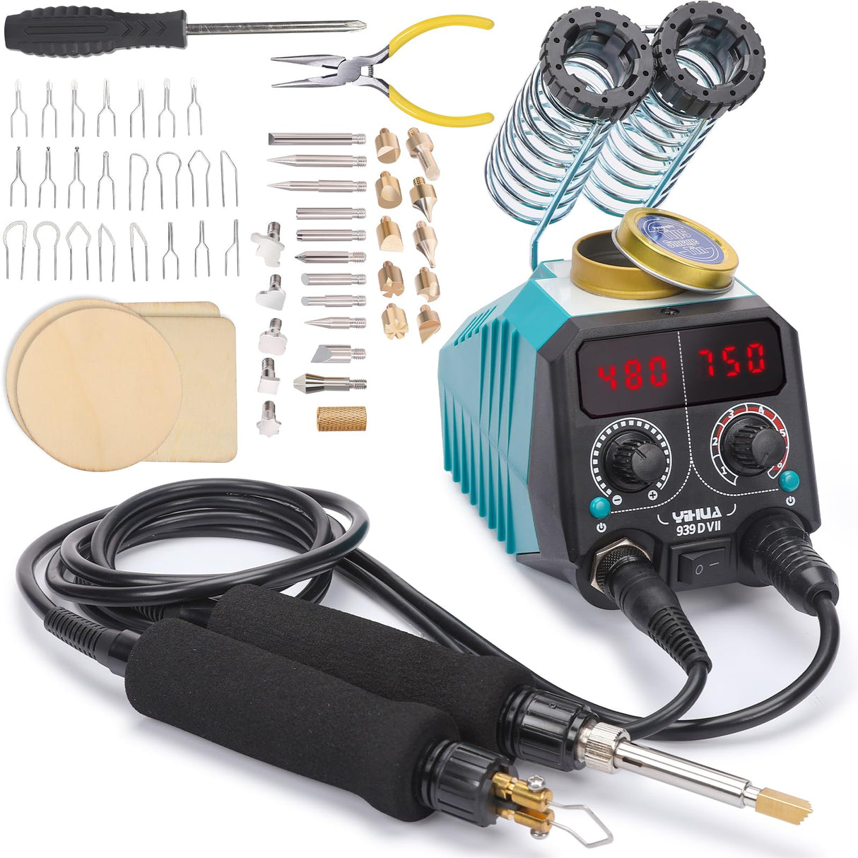 YIHUA 939D-VII Pyrography Tool Wood Burning Pen Kit Station 2-in-1 Solid-Point 200~480°C (with Temp Display)/Wire-Nib 250~750°C with 23 Nibs, 25 YIHUA