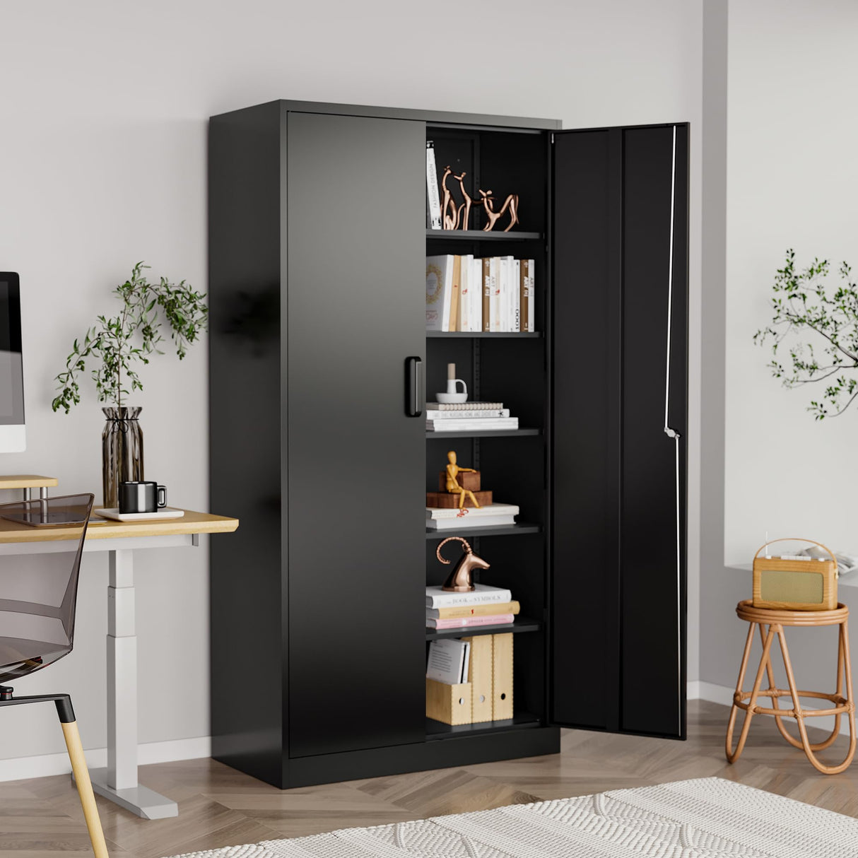 AFAIF Metal Garage Cabinets, 72" Tall Locking Storage Cabinets with 2 Doors and 5 Adjustable Shelves, Steel Utility Tool Cabinet, Black Lockable AFAIF