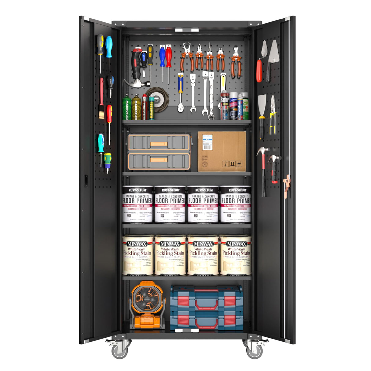 Aobabo 72 Inch Locking Metal Garage Storage Cabinet with Universal Rubber Wheels with Lockable Casters, Pegboards, and Magnetic Doors, Black Aobabo