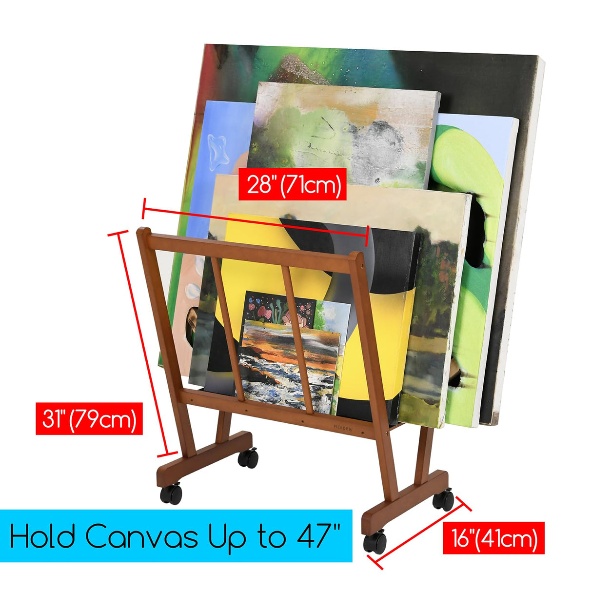 MEEDEN Wood Large Print Rack with Castors, Artist Storage and Display Rack, Premium Drying Rack, Storage for Canvas, Prints, Panels, Posters, Holds MEEDEN