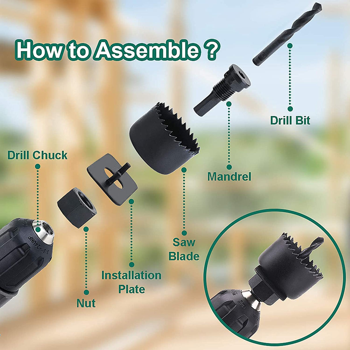 Hole Saw Set HYCHIKA 19 Pcs Hole Saw Kit with 3/4"-6"(19-152mm) 13Pcs Saw Blades, 2 Mandrels, 2 Drill Bits, 1 Installation Plate, 1 Hex Key, Ideal HYCHIKA BETTER TOOLS FOR BETTER LIFE