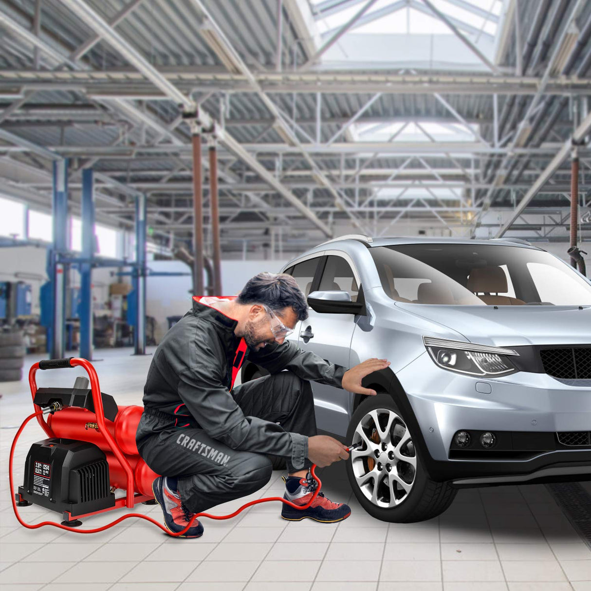 CRAFTSMAN Air Compressor Portable Air Tool Twin Tank 2Gallon, 1/3 HP Oil-Free Max 125 PSI Pressure, Model: CMXECXA0220242, Red Craftsman